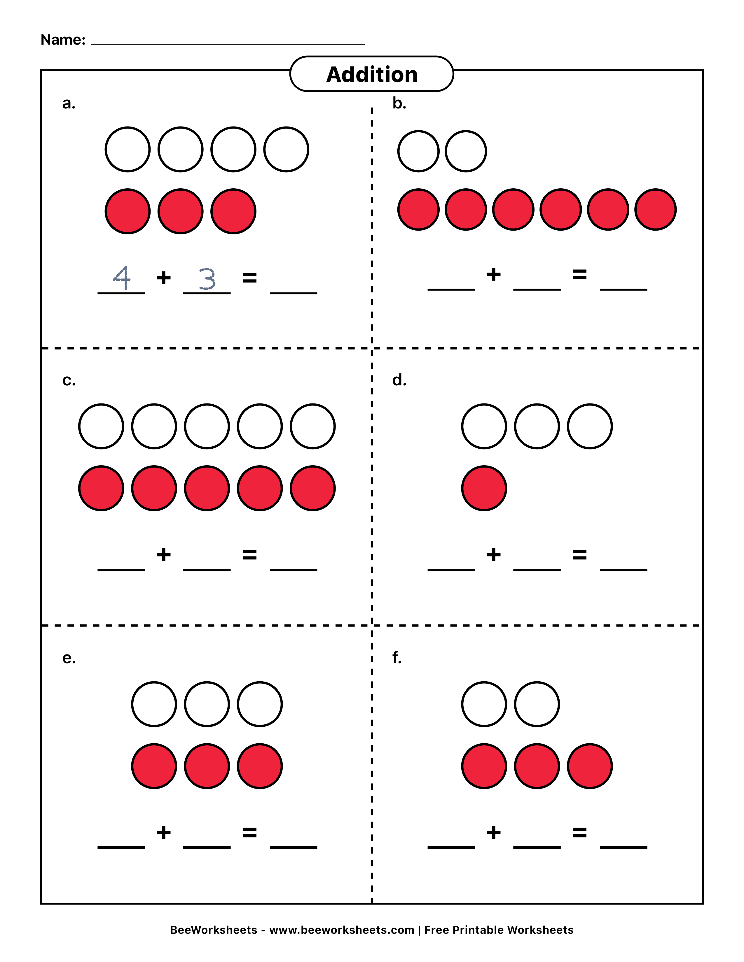 Picture addition worksheet for kindergarten with red and white counters, six problems, sums within 10