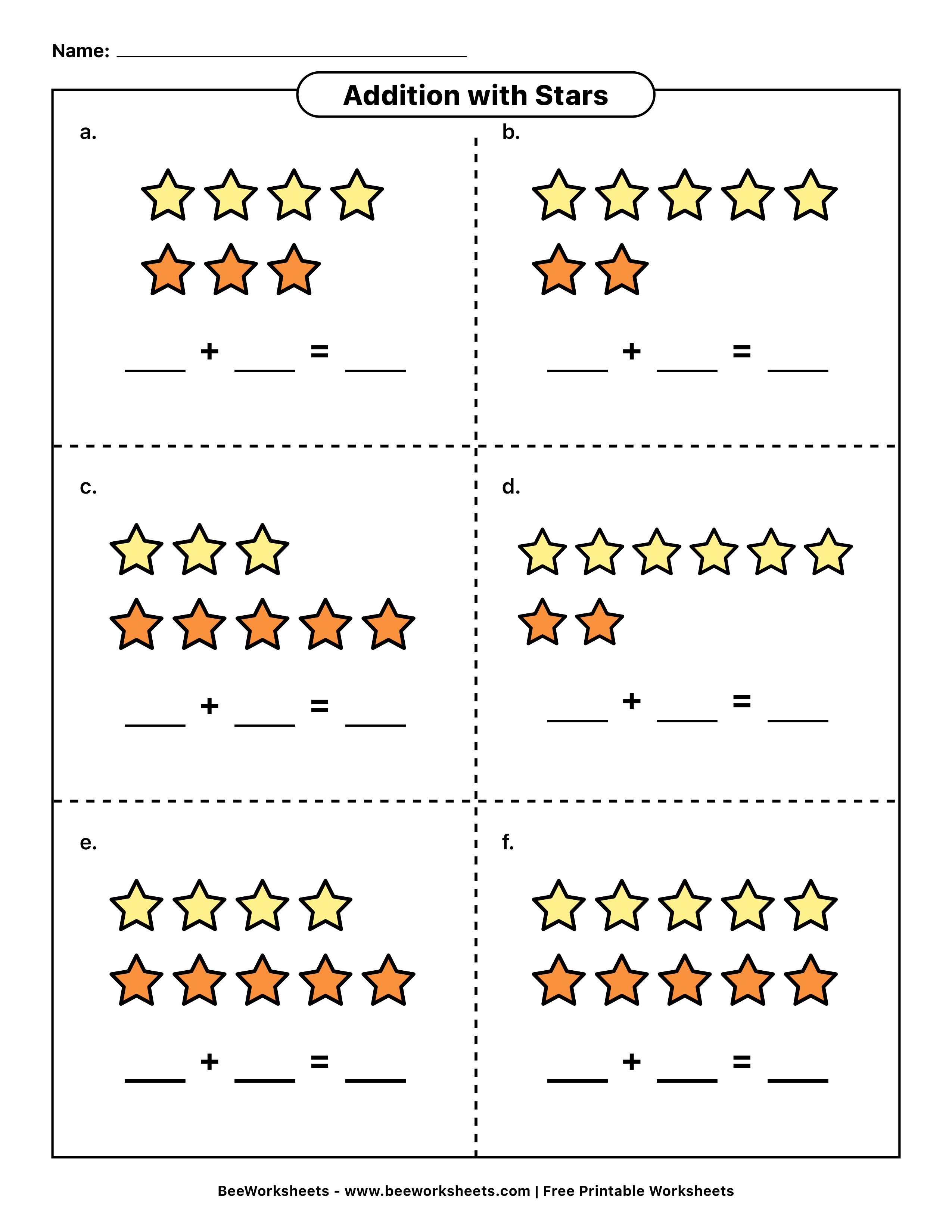 Free Printable Picture Addition Worksheet 05 - Sums to 10 (Stars) PDF - Grade 1–3 & Elementary Math Math & Addition Practice Worksheet (picture addition worksheets)