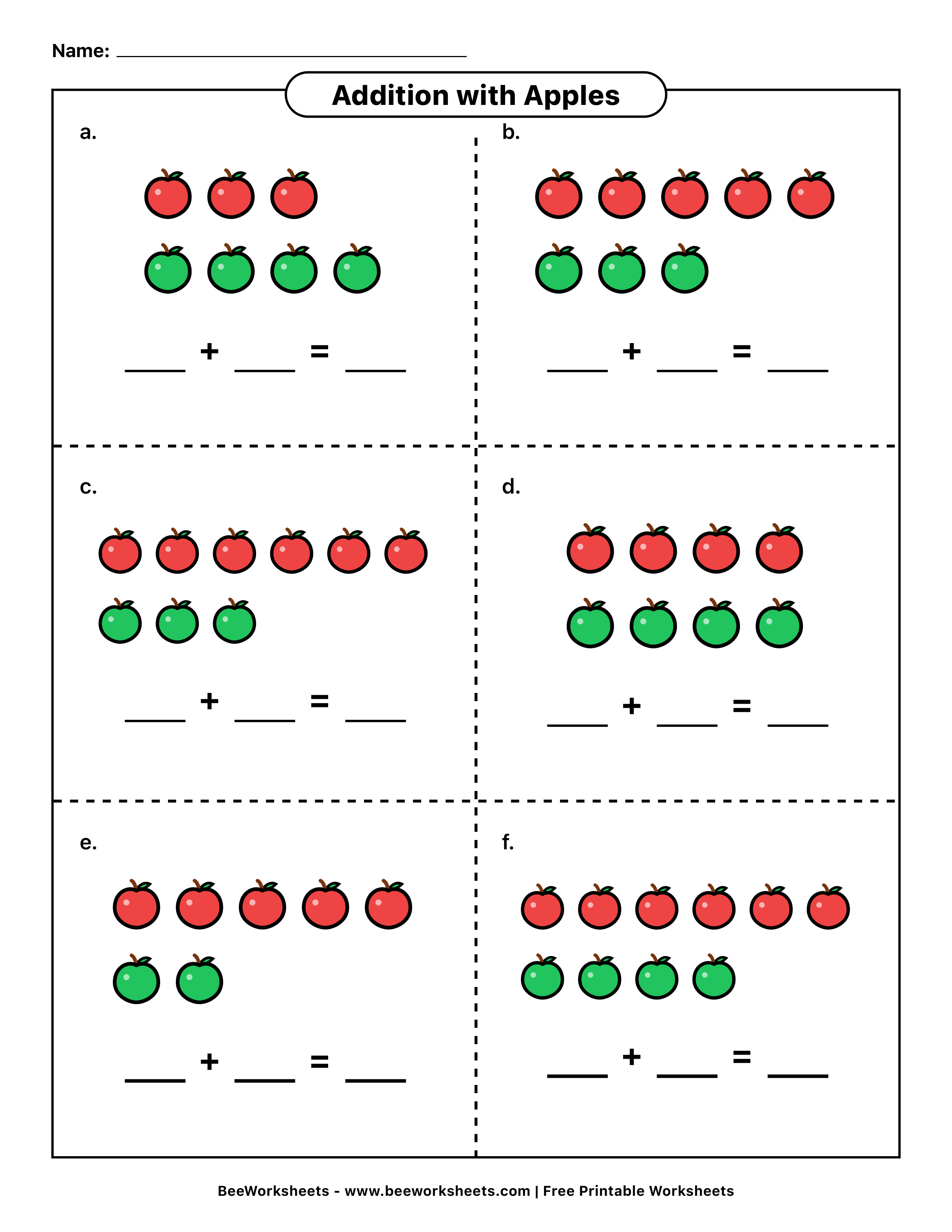 Picture addition worksheet for kindergarten with red and white counters, six problems, sums within 10