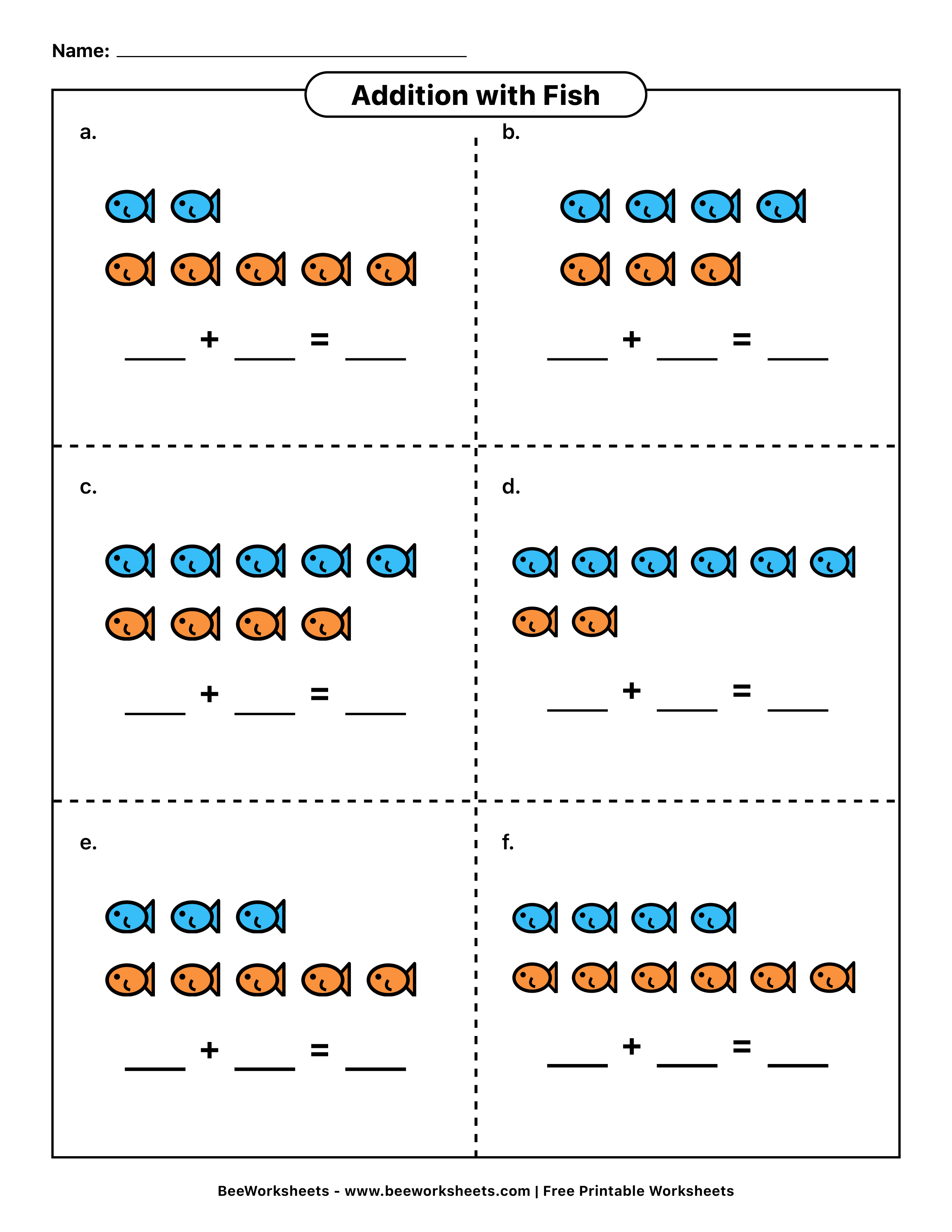 Picture addition worksheet for kindergarten with red and white counters, six problems, sums within 10