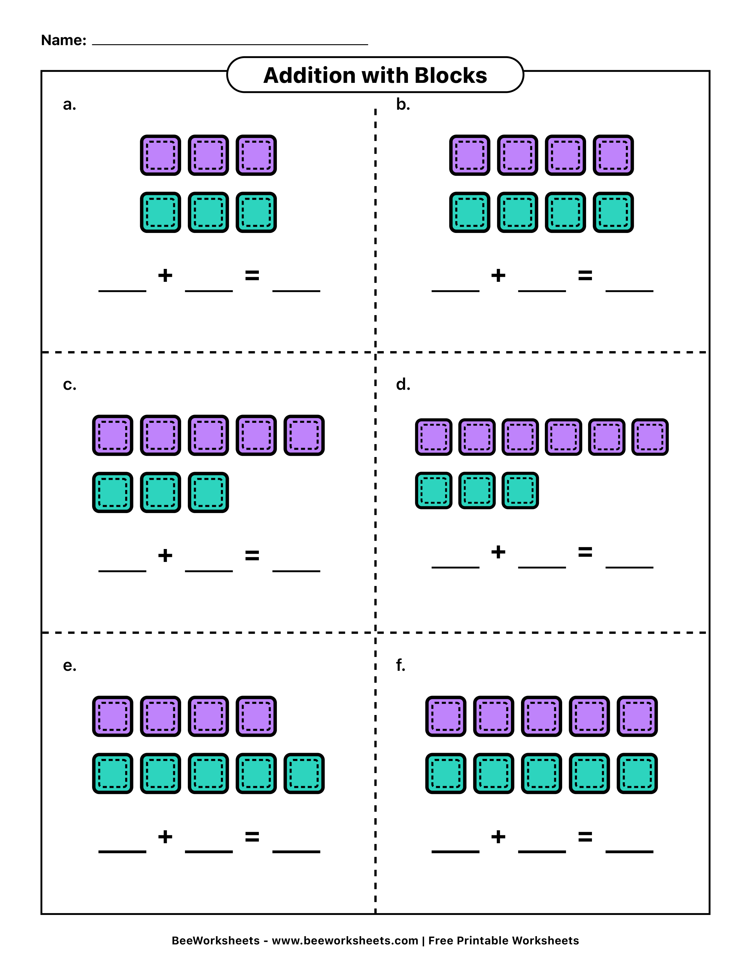 Free Printable Picture Addition Worksheet 08 - Sums to 10 (Blocks) PDF Worksheet Preview - Grade 1–3 & Elementary Math Math & Addition Student Handout