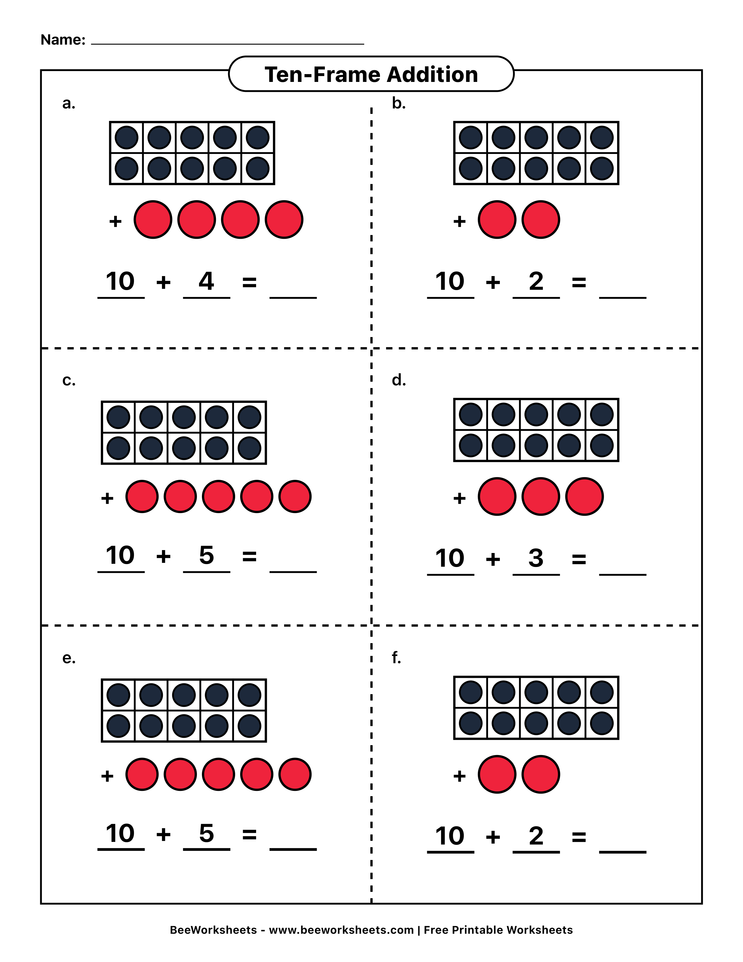 Free Printable Ten-Frame Addition Worksheet 10 - Sums to 15 PDF Worksheet Preview - Grade 1–3 & Elementary Math Math & Addition Student Handout