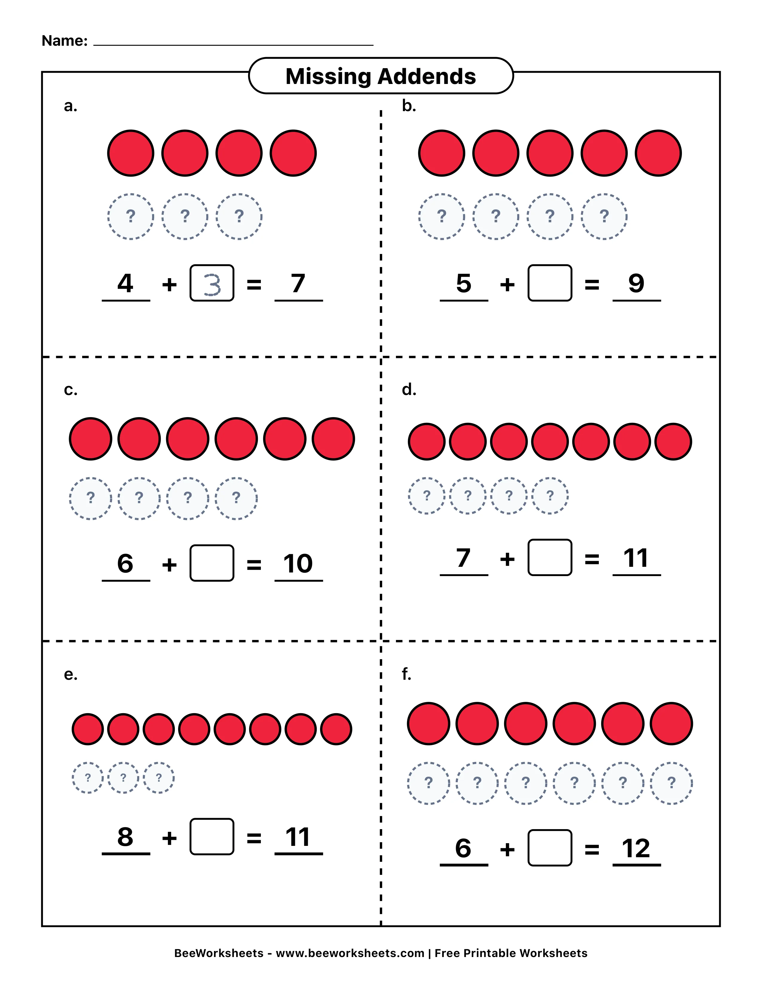 Teacher Solution Key & Mark Scheme for Missing Addends Addition Worksheet 13 - Sums to 20 Printable PDF - Grade 1–3 & Elementary Math Verified Answers