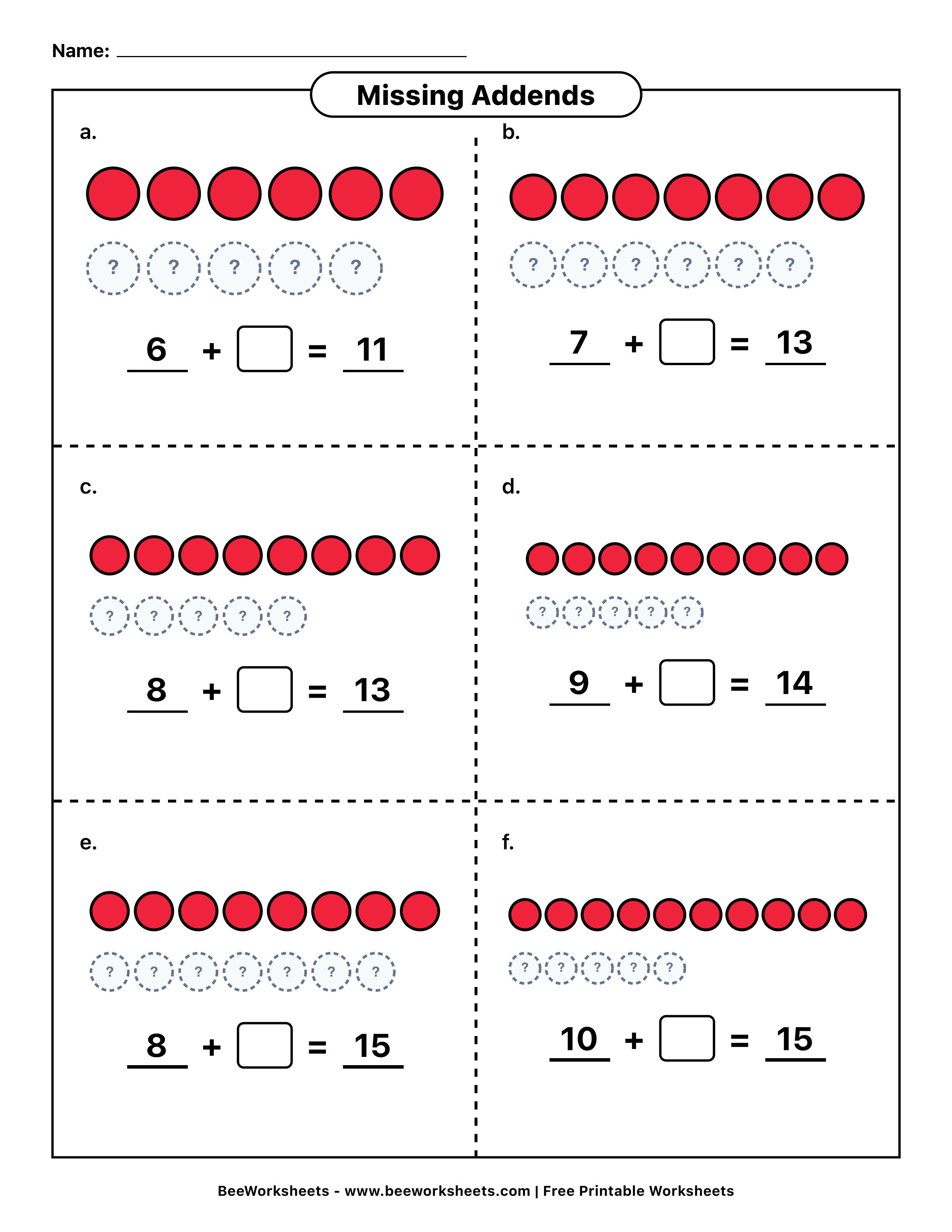 Free Printable Missing Addends Addition Worksheet 14 - Sums to 20 PDF - Grade 1–3 & Elementary Math Math & Addition Practice Worksheet (picture addition worksheets)