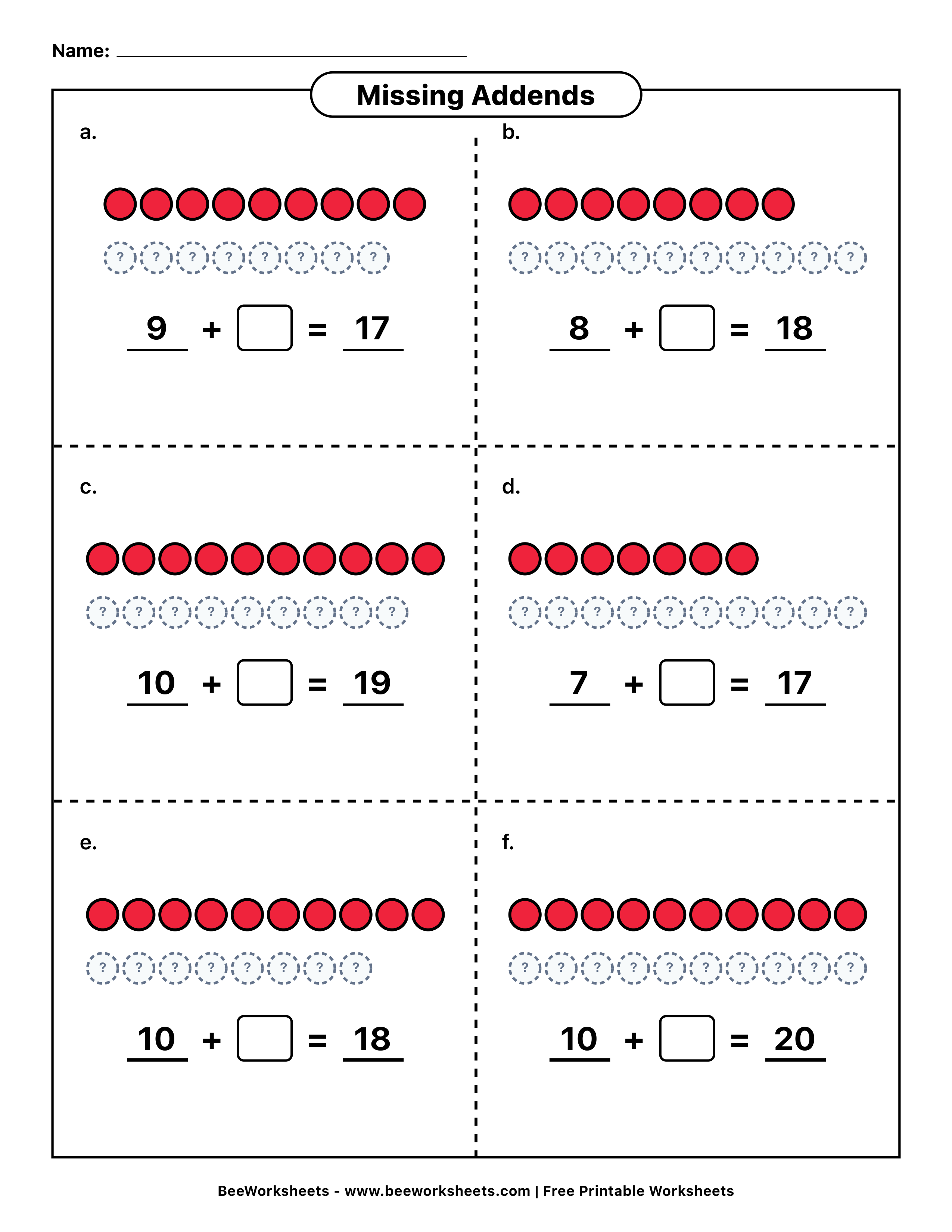 Free Printable Missing Addends Addition Worksheet 15 - Sums to 20 PDF - Grade 1–3 & Elementary Math Math & Addition Practice Worksheet (picture addition worksheets)