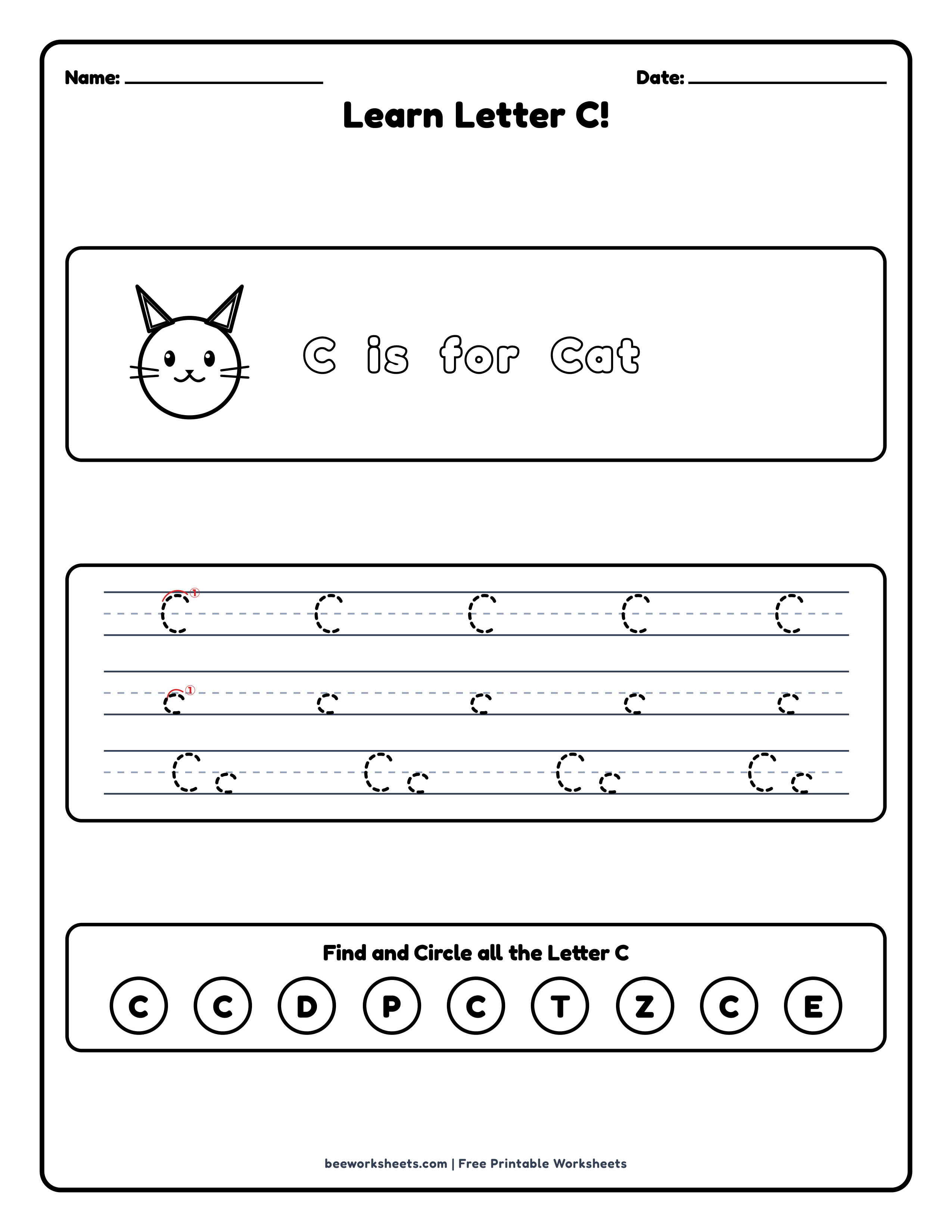 Teacher answer key and solutions preview for Letter C: Cat Alphabet & Phonics Worksheet printable PDF
