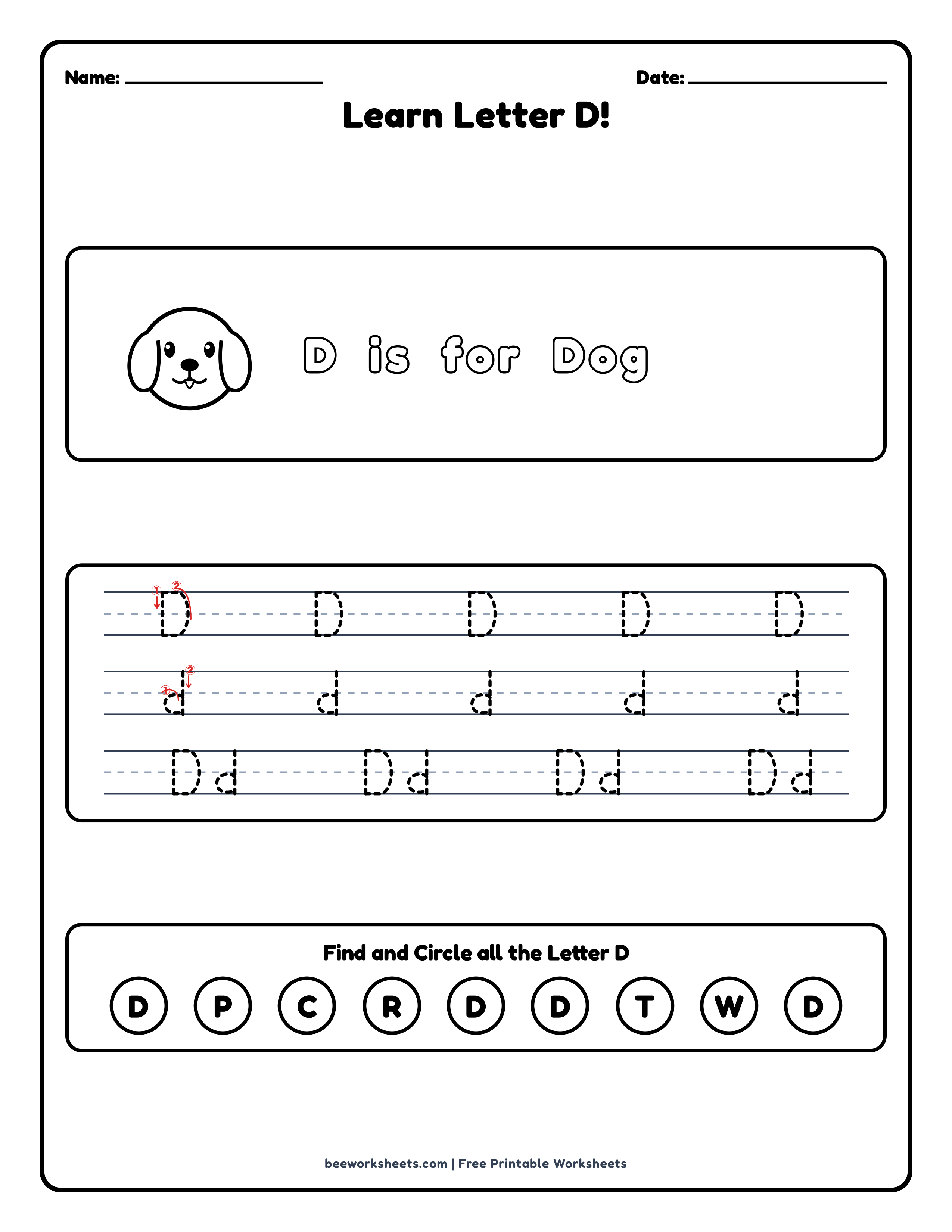Teacher answer key and solutions preview for Letter D: Dog Alphabet & Phonics Worksheet printable PDF