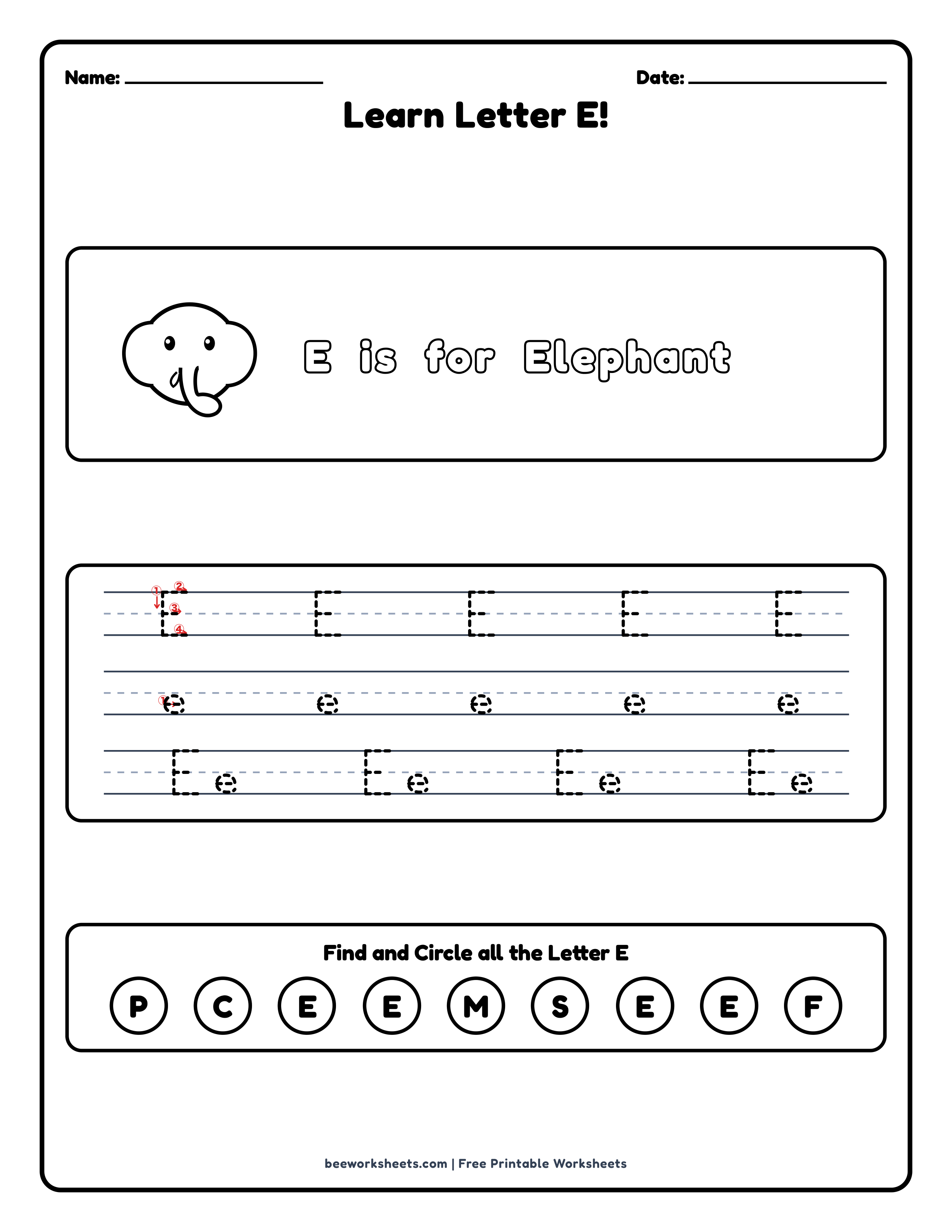 Teacher answer key and solutions preview for Letter E: Elephant Alphabet & Phonics Worksheet printable PDF