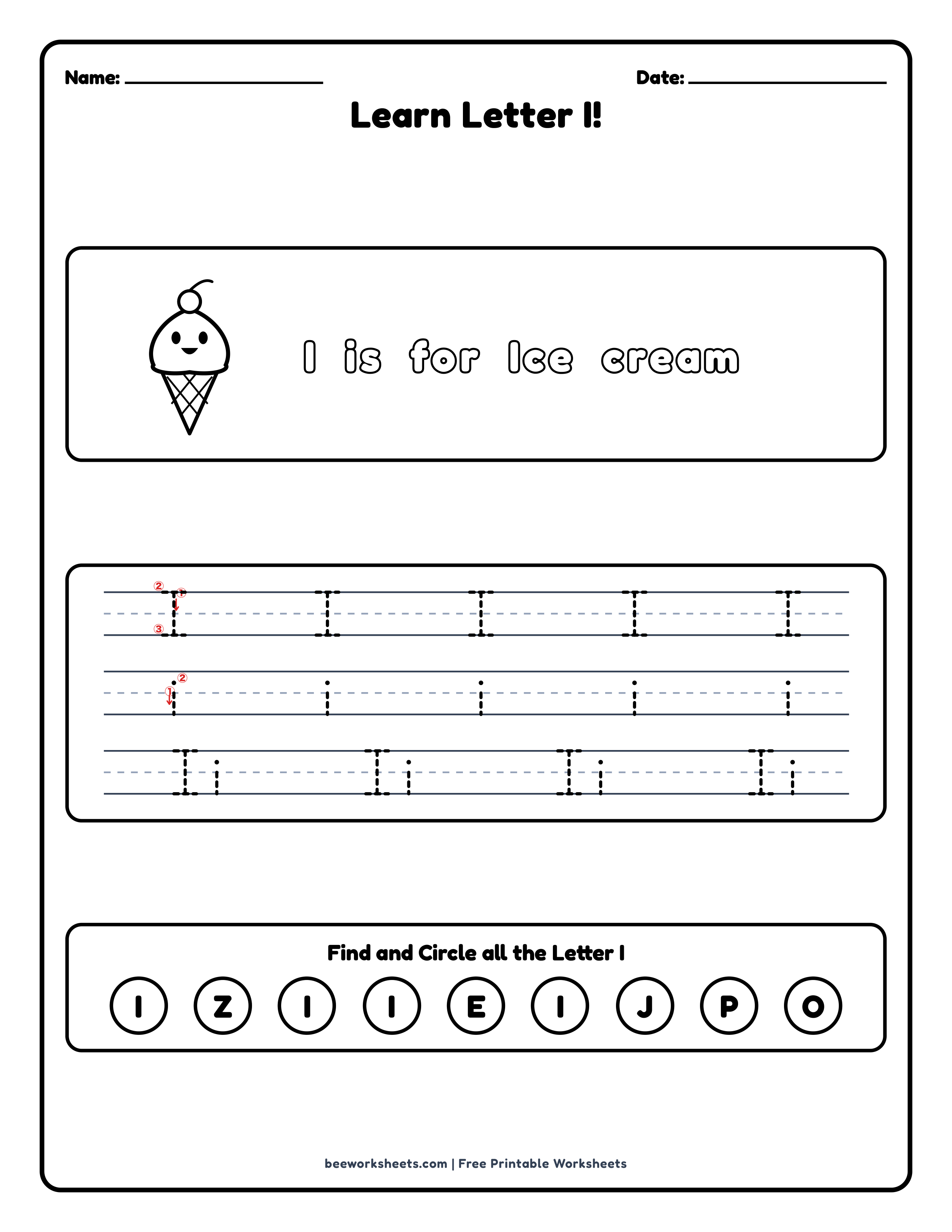 Teacher answer key and solutions preview for Letter I: Ice Cream Alphabet & Phonics Worksheet printable PDF
