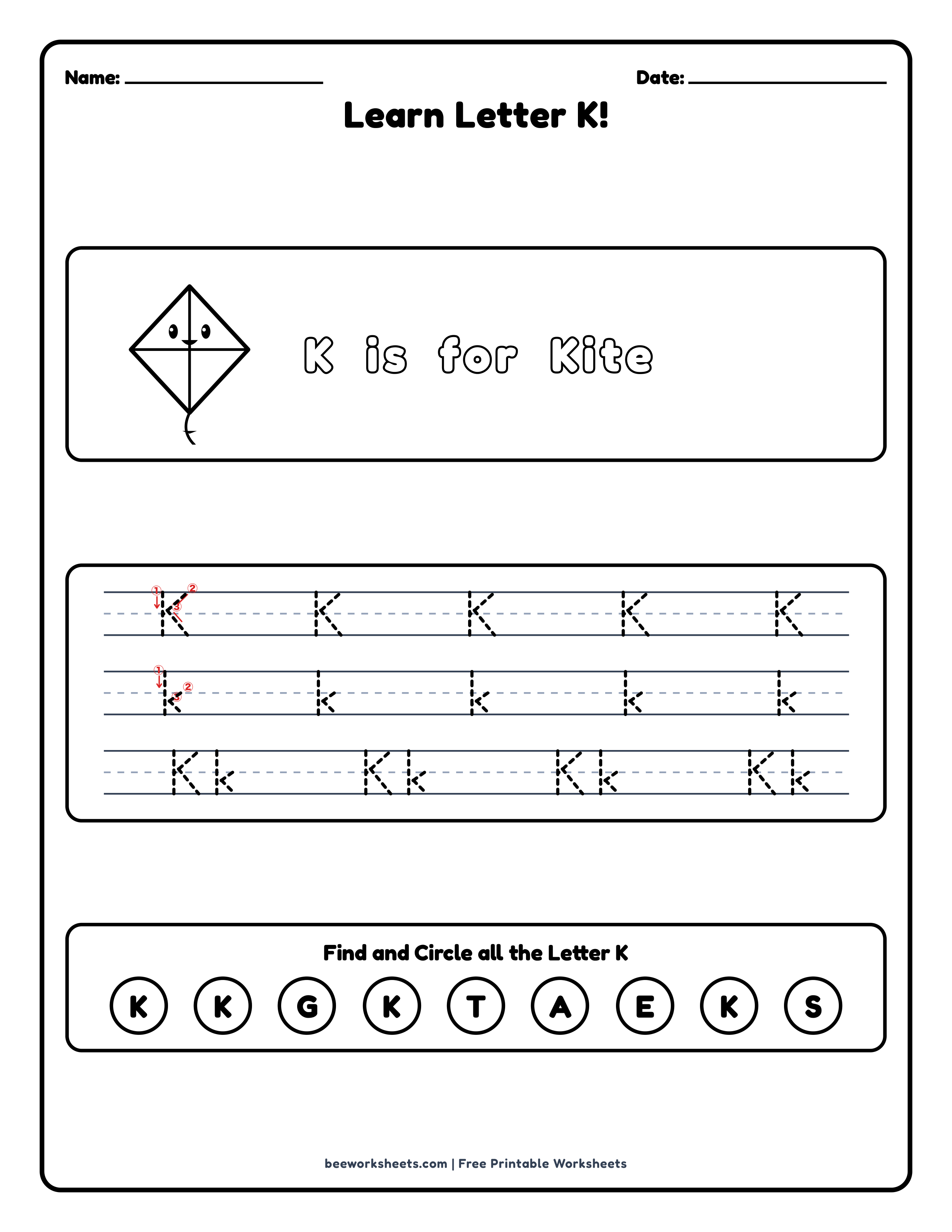 Teacher answer key and solutions preview for Letter K: Kite Alphabet & Phonics Worksheet printable PDF