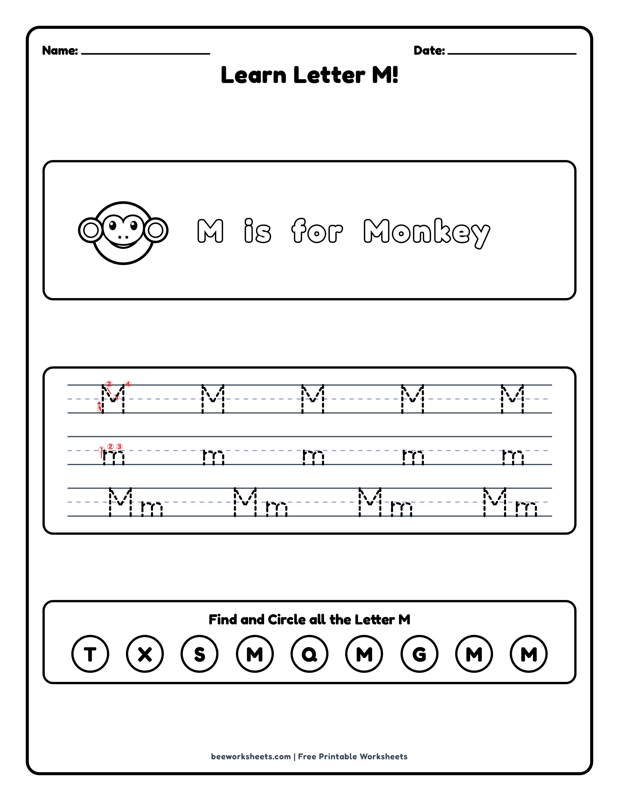 Teacher answer key and solutions preview for Letter M: Monkey Alphabet & Phonics Worksheet printable PDF