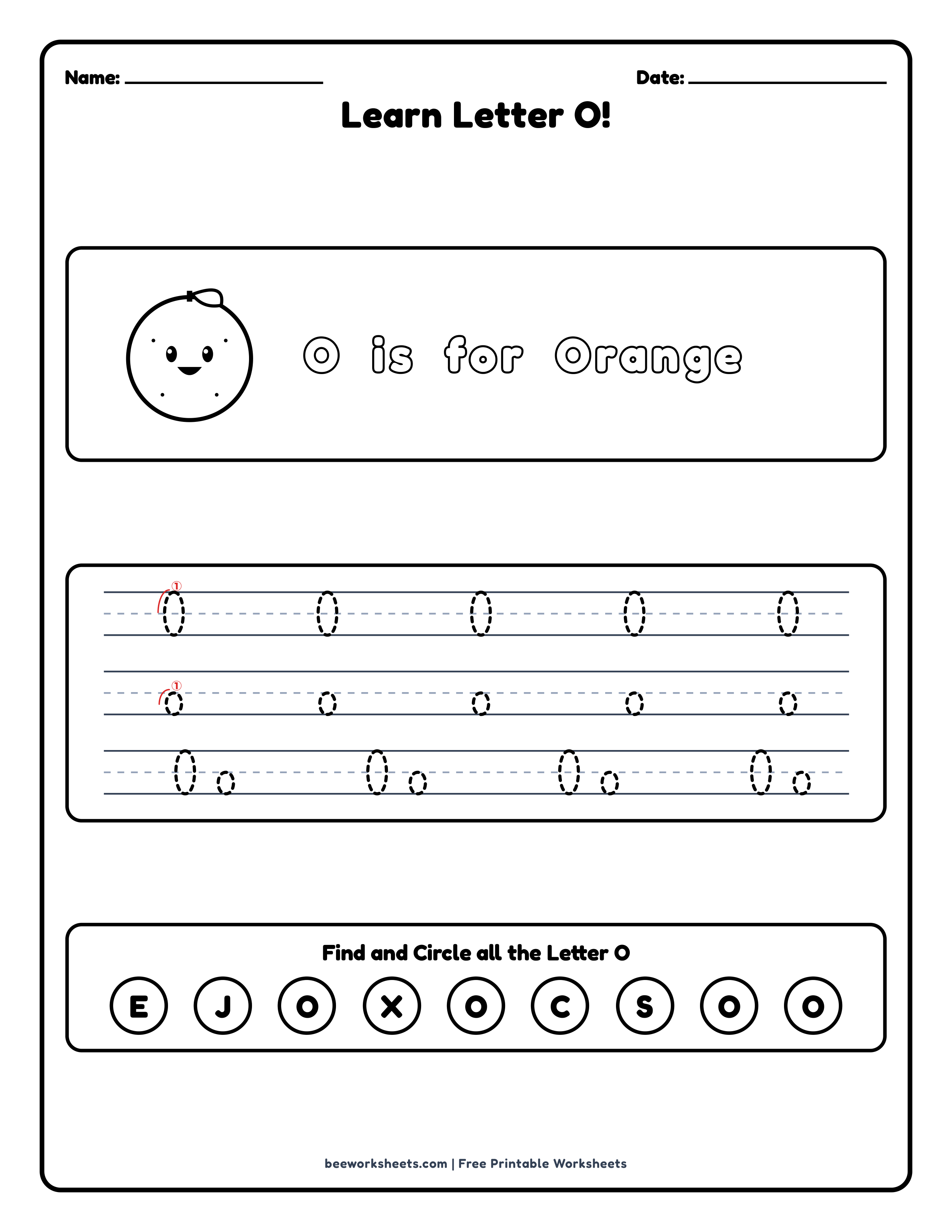 Teacher answer key and solutions preview for Letter O: Orange Alphabet & Phonics Worksheet printable PDF