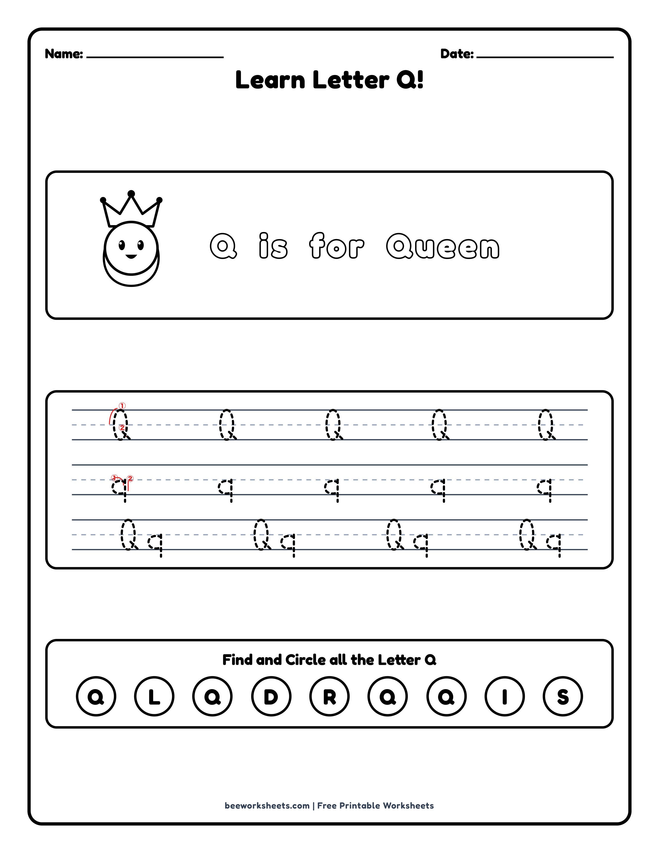Teacher answer key and solutions preview for Letter Q: Queen Alphabet & Phonics Worksheet printable PDF
