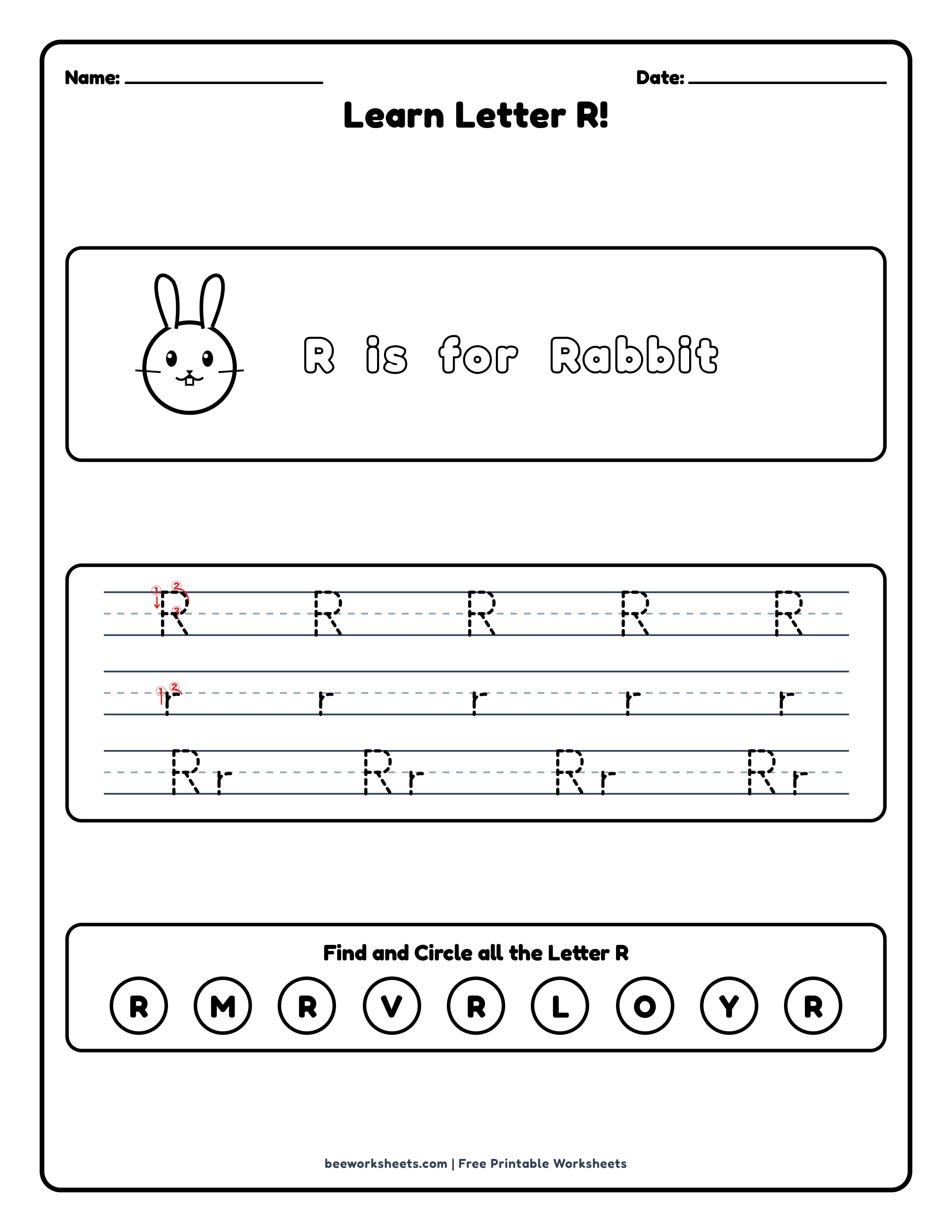 Teacher answer key and solutions preview for Letter R: Rabbit Alphabet & Phonics Worksheet printable PDF