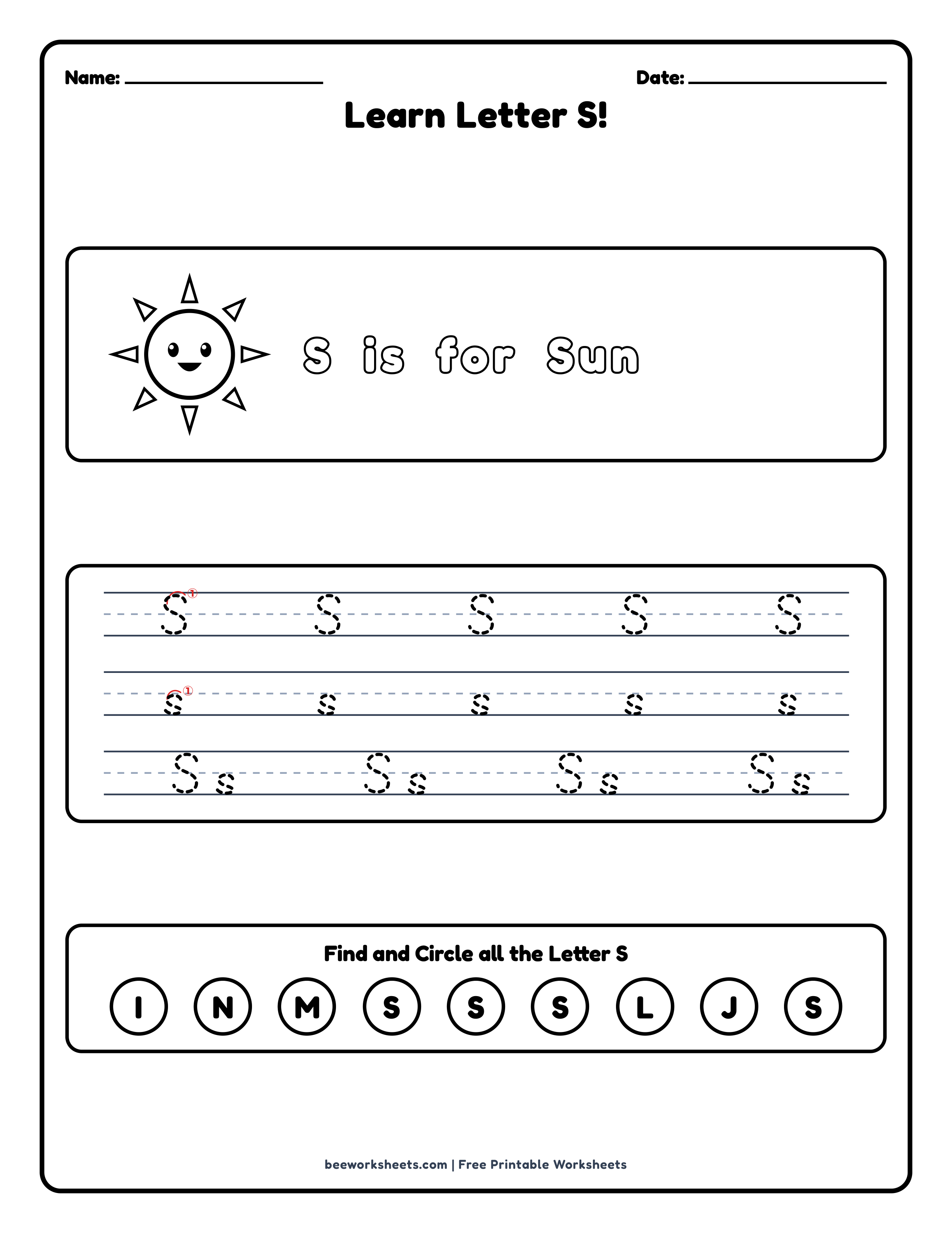 Teacher answer key and solutions preview for Letter S: Sun Alphabet & Phonics Worksheet printable PDF