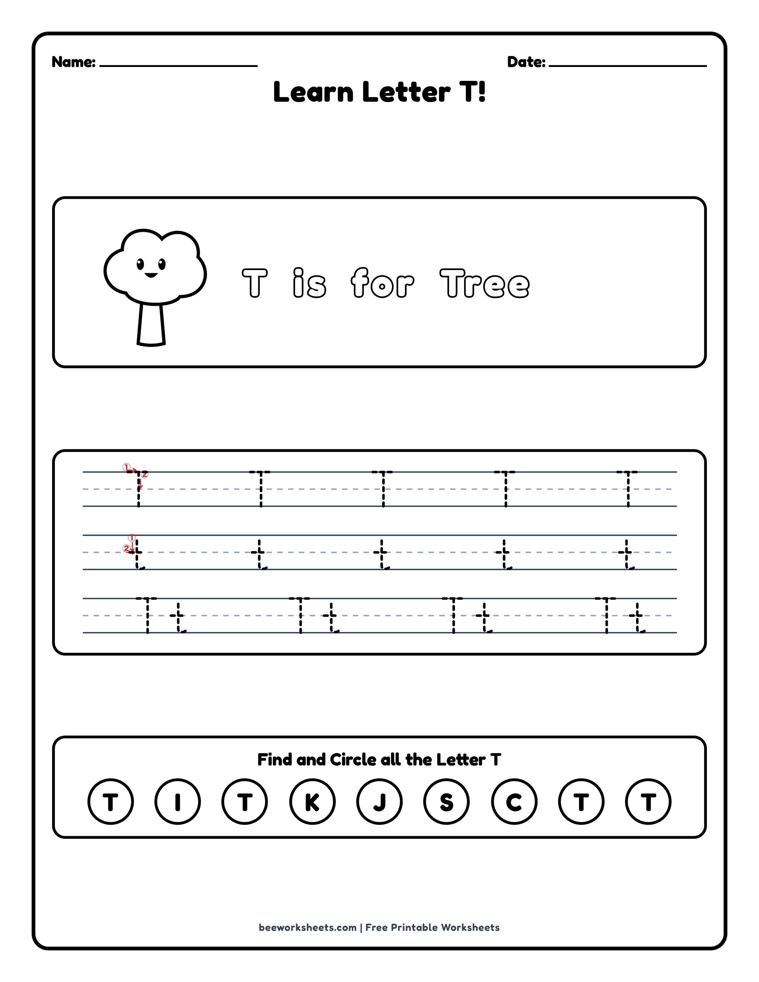 Teacher answer key and solutions preview for Letter T: Tree Alphabet & Phonics Worksheet printable PDF