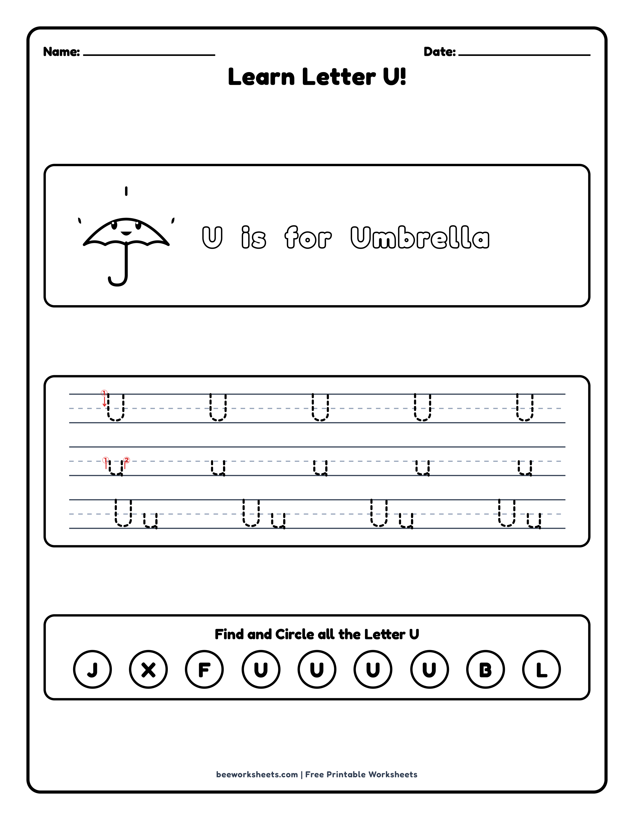 Teacher answer key and solutions preview for Letter U: Umbrella Alphabet & Phonics Worksheet printable PDF