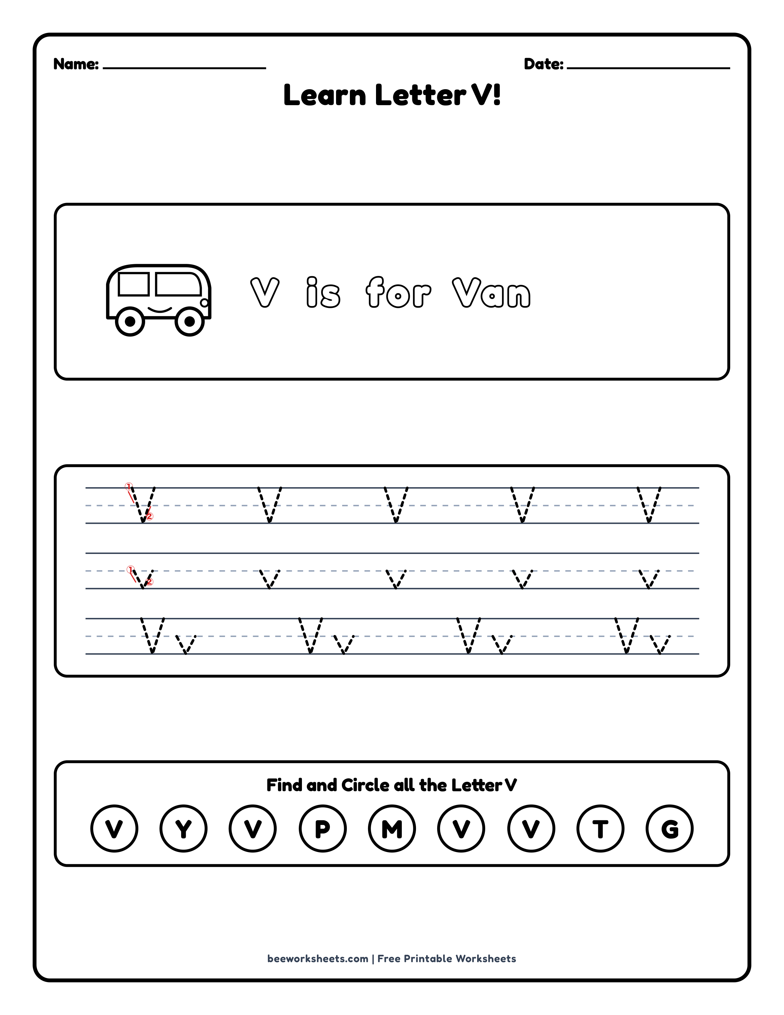 Teacher answer key and solutions preview for Letter V: Van Alphabet & Phonics Worksheet printable PDF
