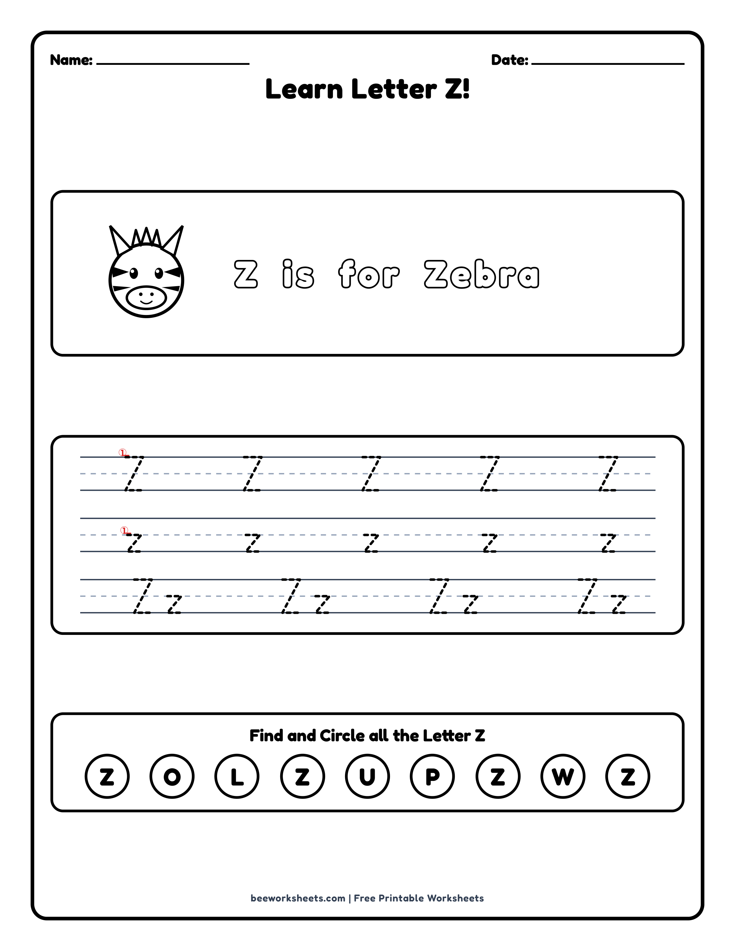 Teacher answer key and solutions preview for Letter Z: Zebra Alphabet & Phonics Worksheet printable PDF