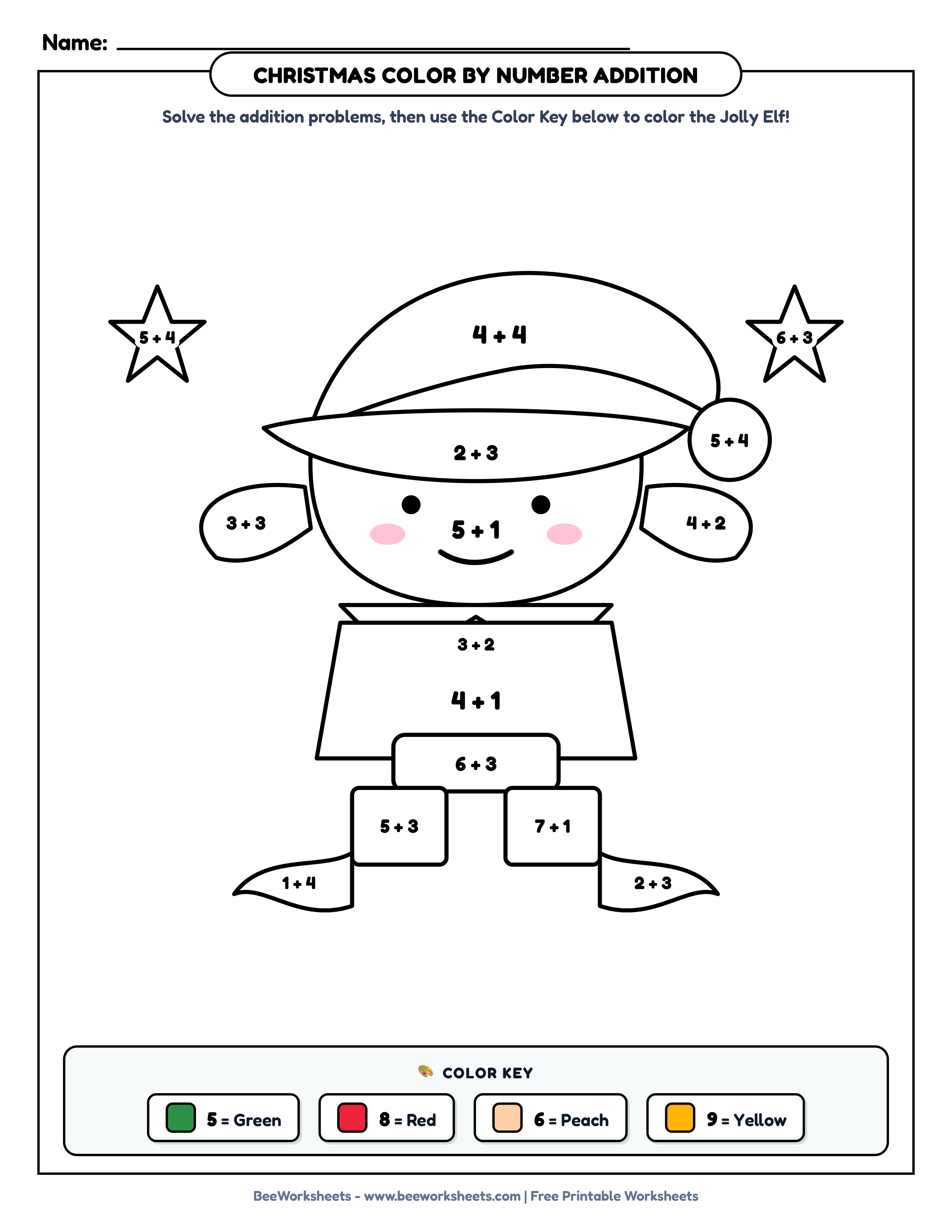 Free Printable Christmas Color by Number Addition Worksheet: Jolly Christmas Elf PDF - Grade 1–3 & Elementary Math Math & Addition Practice Worksheet (holiday math coloring pages)
