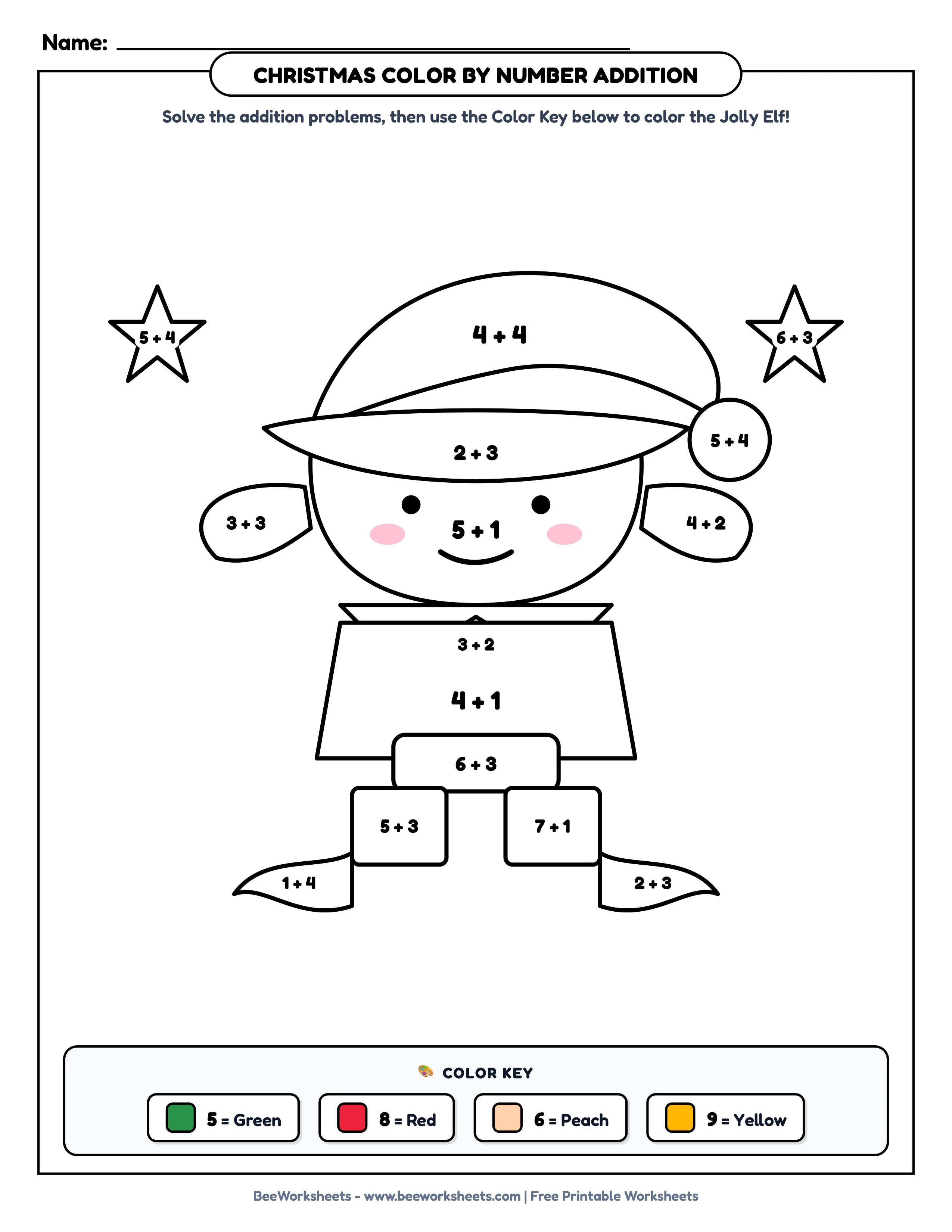 Teacher Solution Key & Mark Scheme for Christmas Color by Number Addition Worksheet: Jolly Christmas Elf Printable PDF - Grade 1–3 & Elementary Math Verified Answers