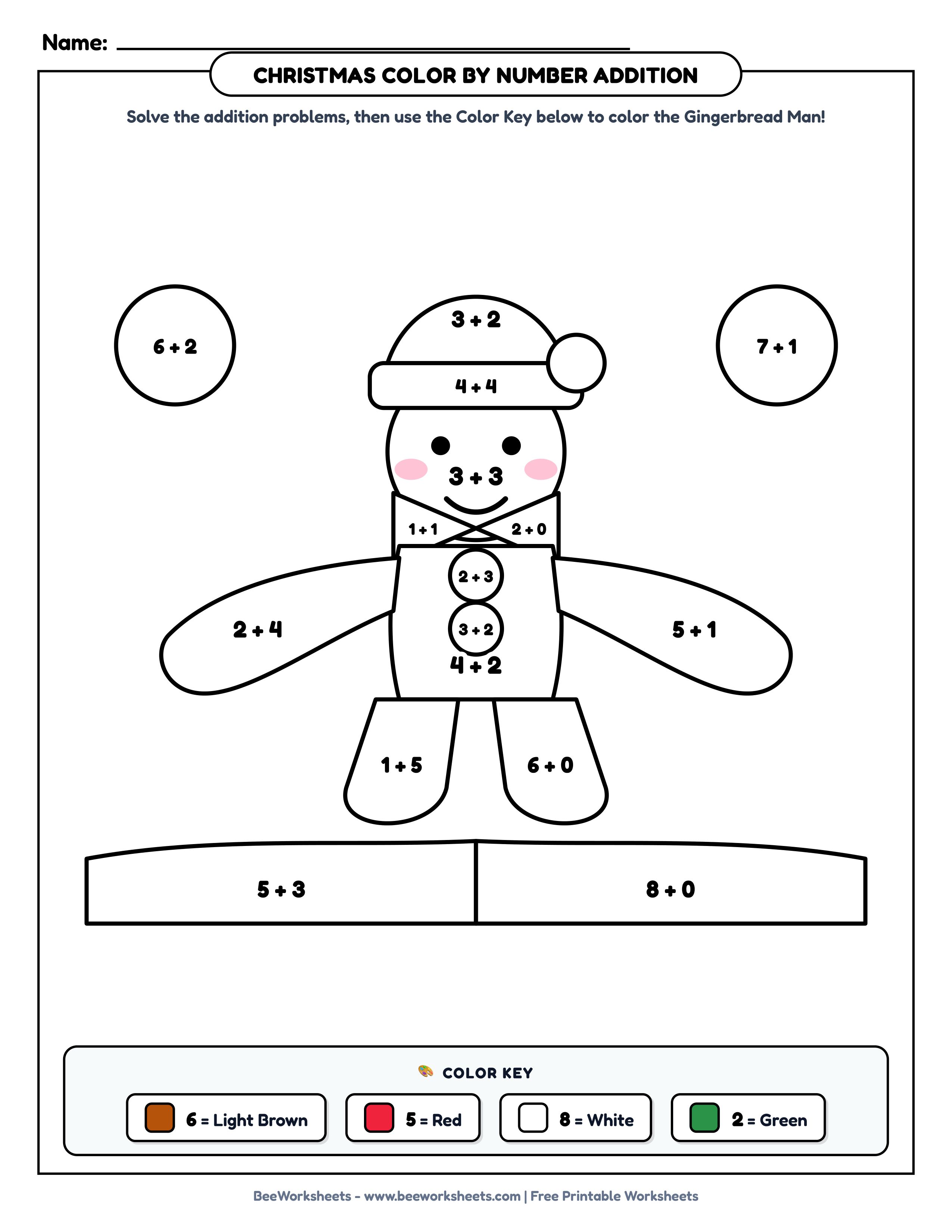 Free Printable Christmas Color by Number Addition Worksheet: Gingerbread Man in Snow PDF Worksheet Preview - Grade 1–3 & Elementary Math Math & Addition Student Handout