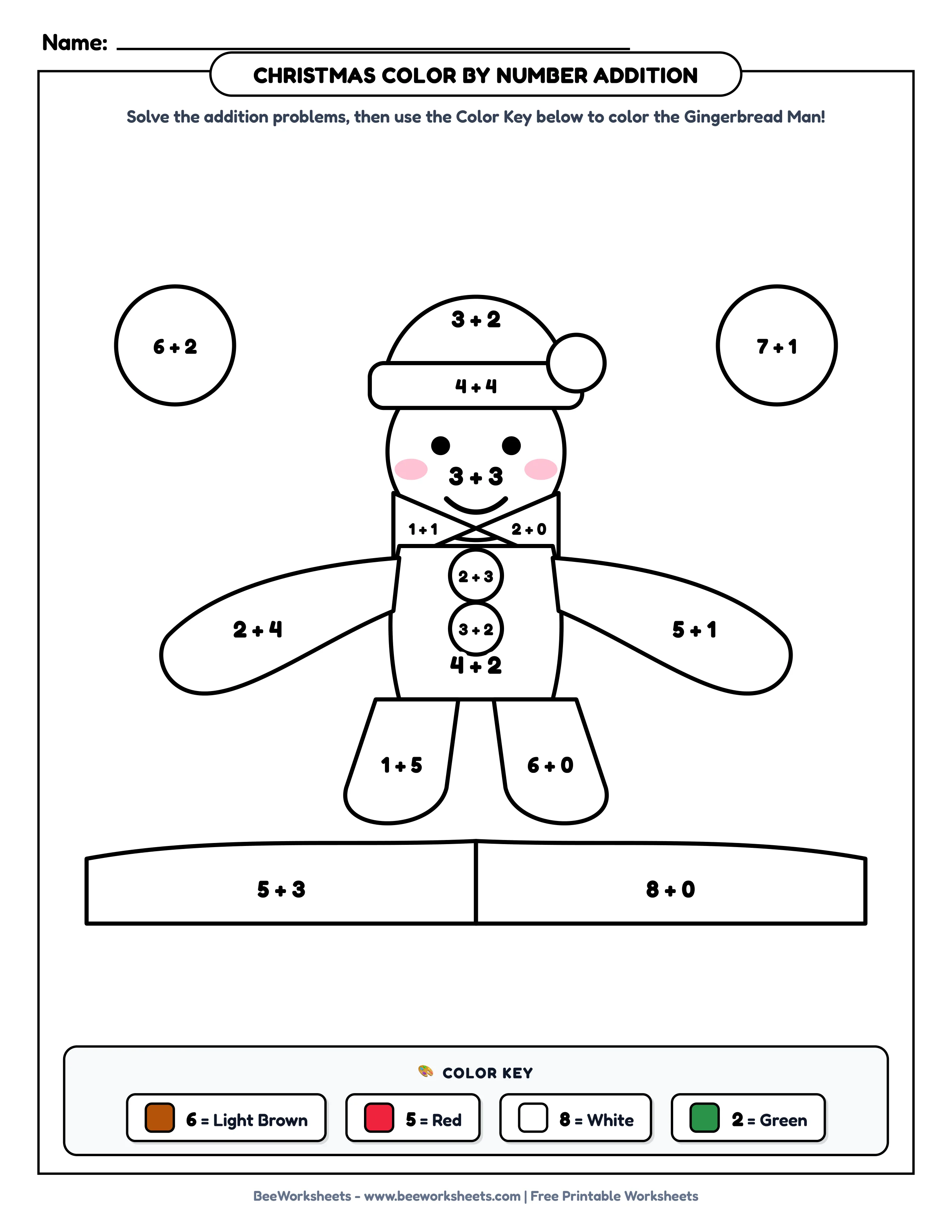 Teacher Solution Key & Mark Scheme for Christmas Color by Number Addition Worksheet: Gingerbread Man in Snow Printable PDF - Grade 1–3 & Elementary Math Verified Answers