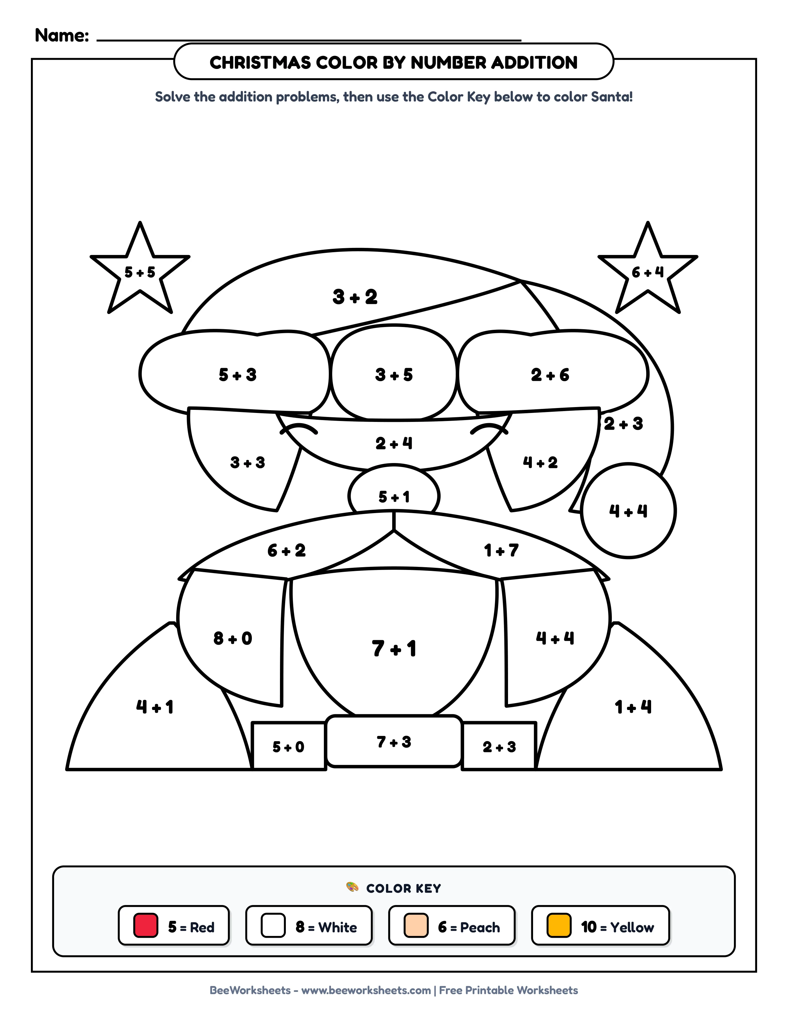 Teacher Solution Key & Mark Scheme for Christmas Color by Number Addition Worksheet: Santa Claus Face & Hat Printable PDF - Grade 1–3 & Elementary Math Verified Answers