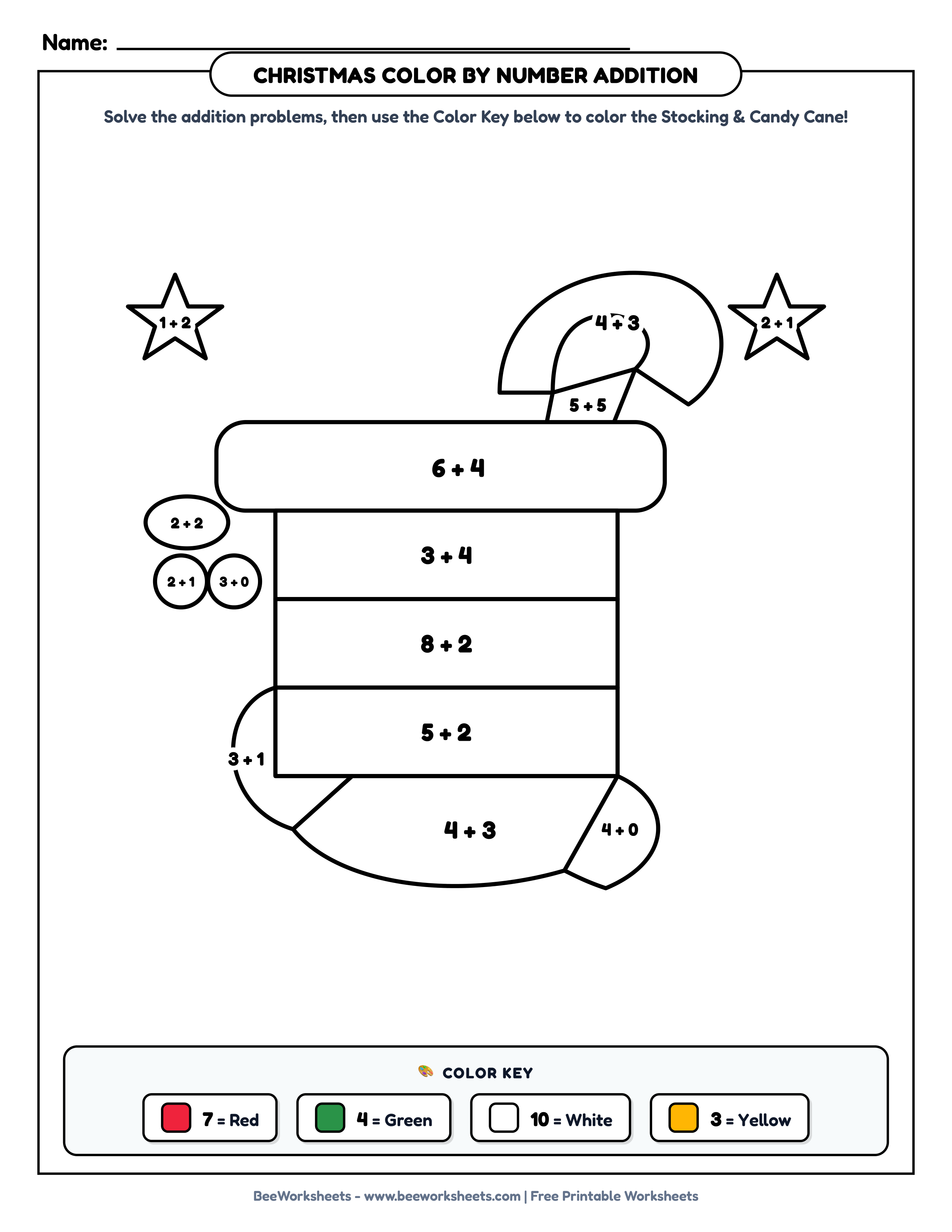 Free Printable Christmas Color by Number Addition Worksheet: Christmas Stocking & Candy Cane PDF - Grade 1–3 & Elementary Math Math & Addition Practice Worksheet (holiday math coloring pages)