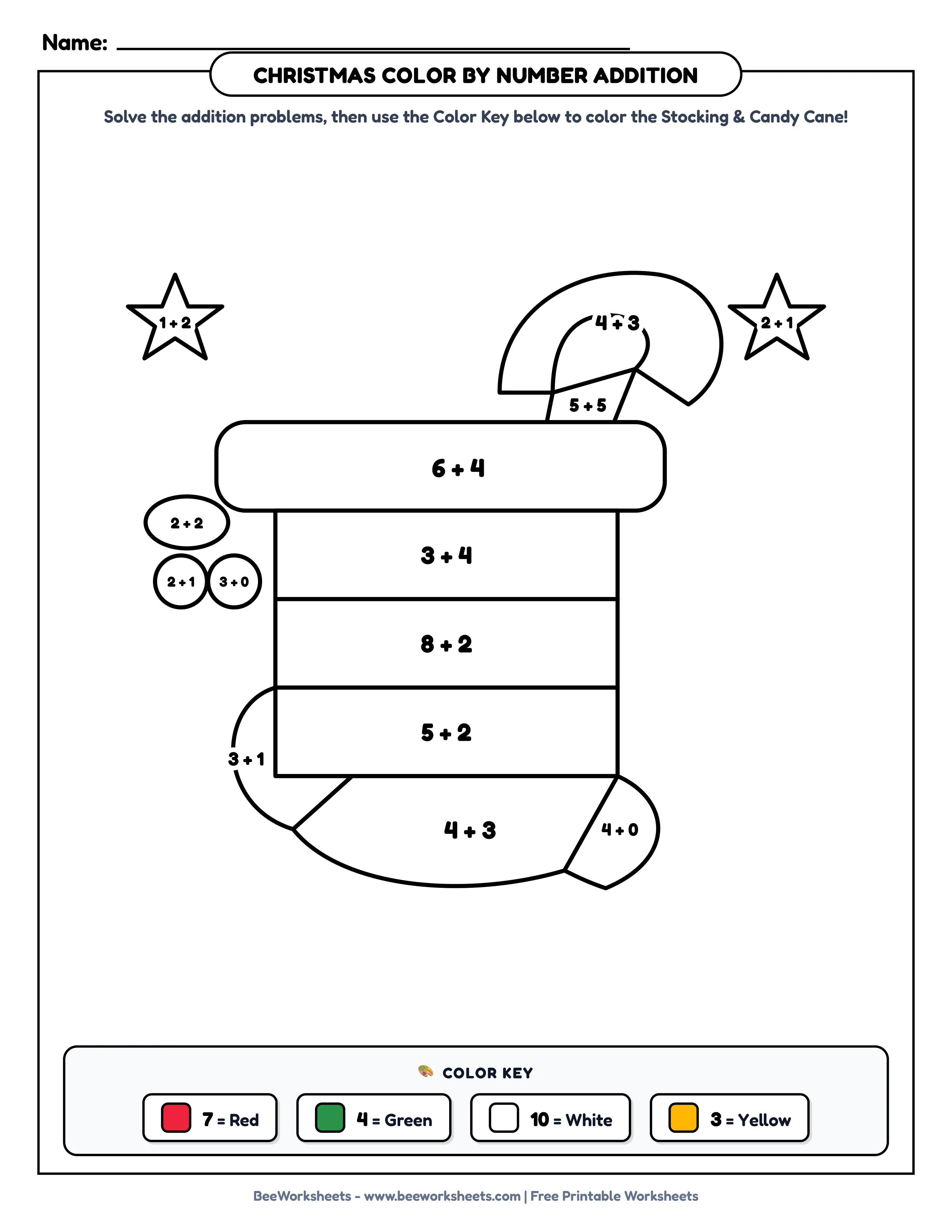 Teacher Solution Key & Mark Scheme for Christmas Color by Number Addition Worksheet: Christmas Stocking & Candy Cane Printable PDF - Grade 1–3 & Elementary Math Verified Answers