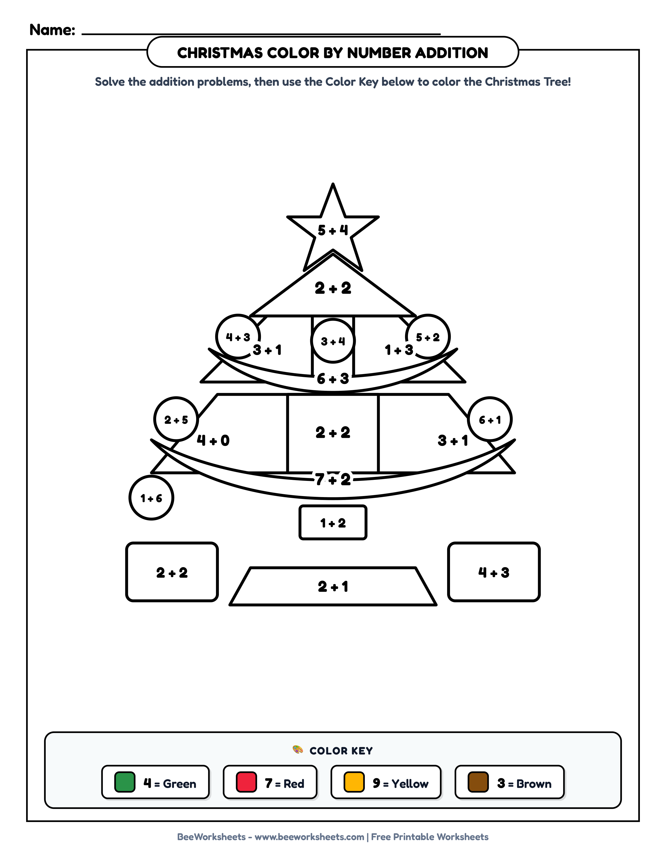 Christmas color by number addition worksheet: Decorated Christmas Tree with Sums up to 10 for Preschool & Kindergarten