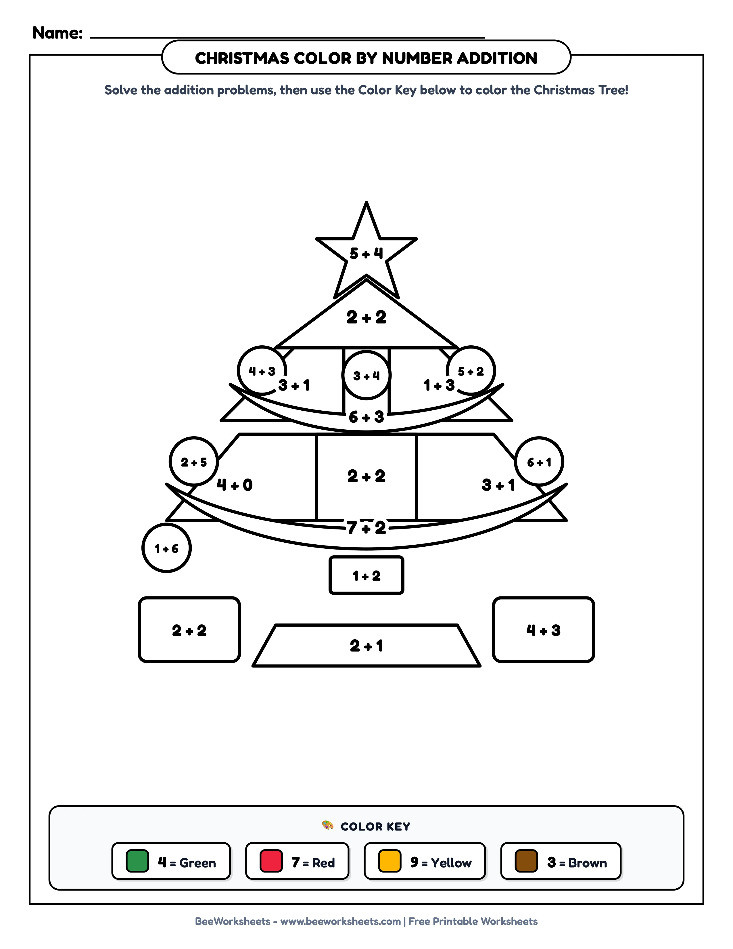 Teacher Solution Key & Mark Scheme for Christmas Color by Number Addition Worksheet: Decorated Christmas Tree Printable PDF - Grade 1–3 & Elementary Math Verified Answers
