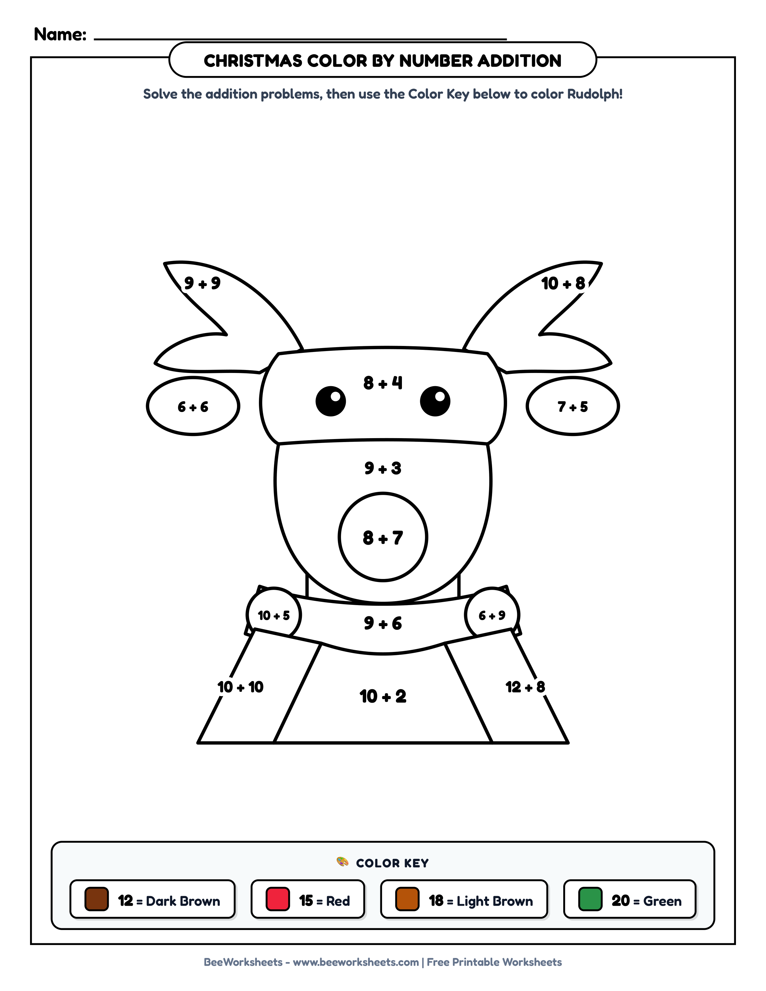 Free Printable Christmas Color by Number Addition Worksheet: Rudolph the Red-Nosed Reindeer PDF - Grade 1–3 & Elementary Math Math & Addition Practice Worksheet (holiday math coloring pages)