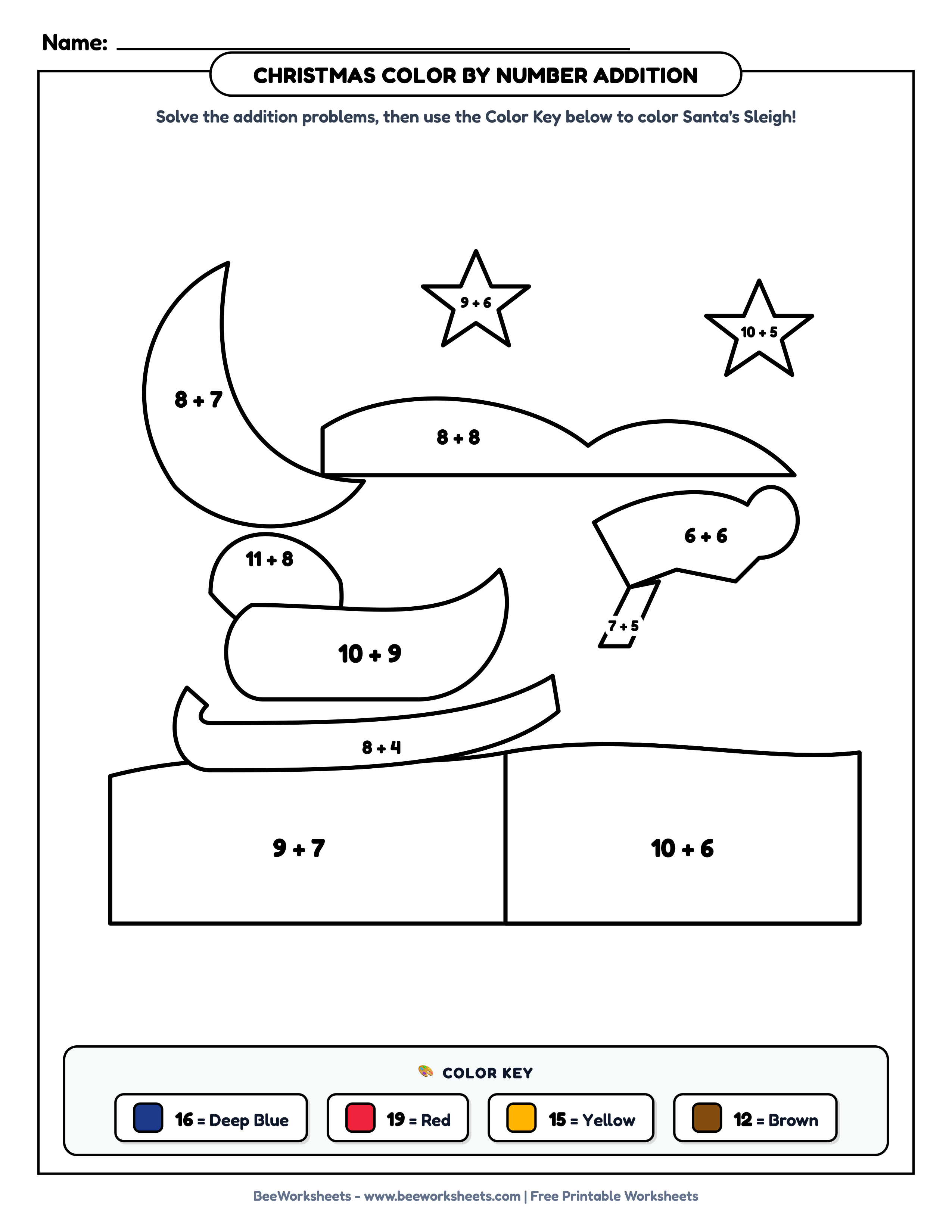 Free Printable Christmas Color by Number Addition Worksheet: Santa’s Sleigh in Night Sky PDF Worksheet Preview - Grade 1–3 & Elementary Math Math & Addition Student Handout