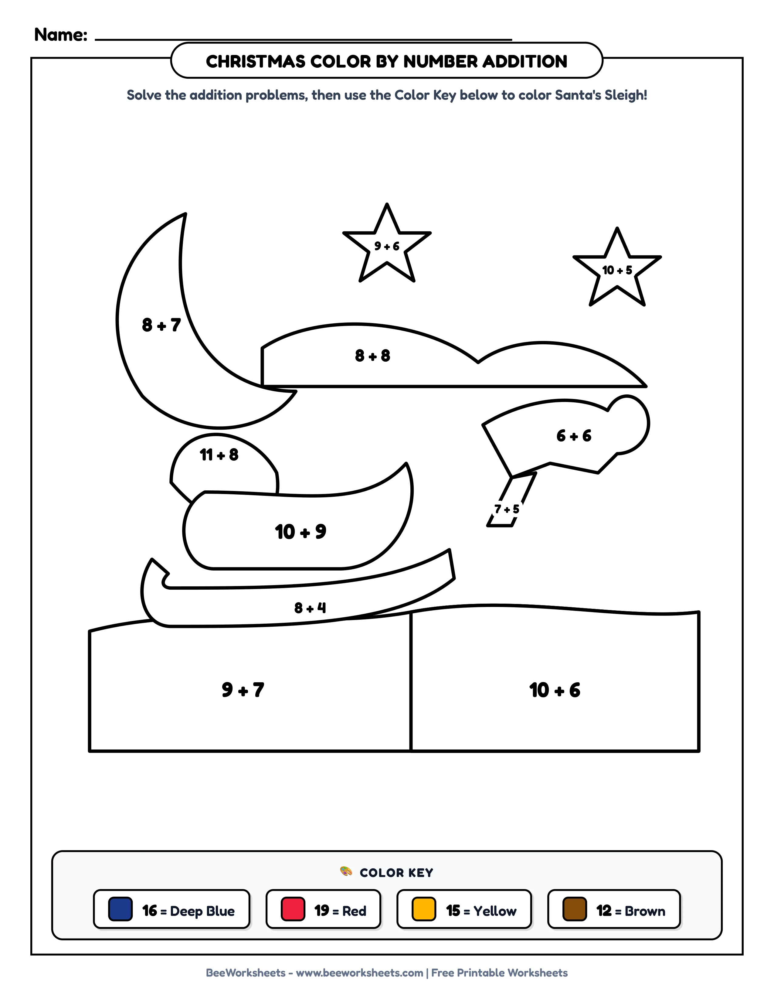 Teacher Solution Key & Mark Scheme for Christmas Color by Number Addition Worksheet: Santa’s Sleigh in Night Sky Printable PDF - Grade 1–3 & Elementary Math Verified Answers