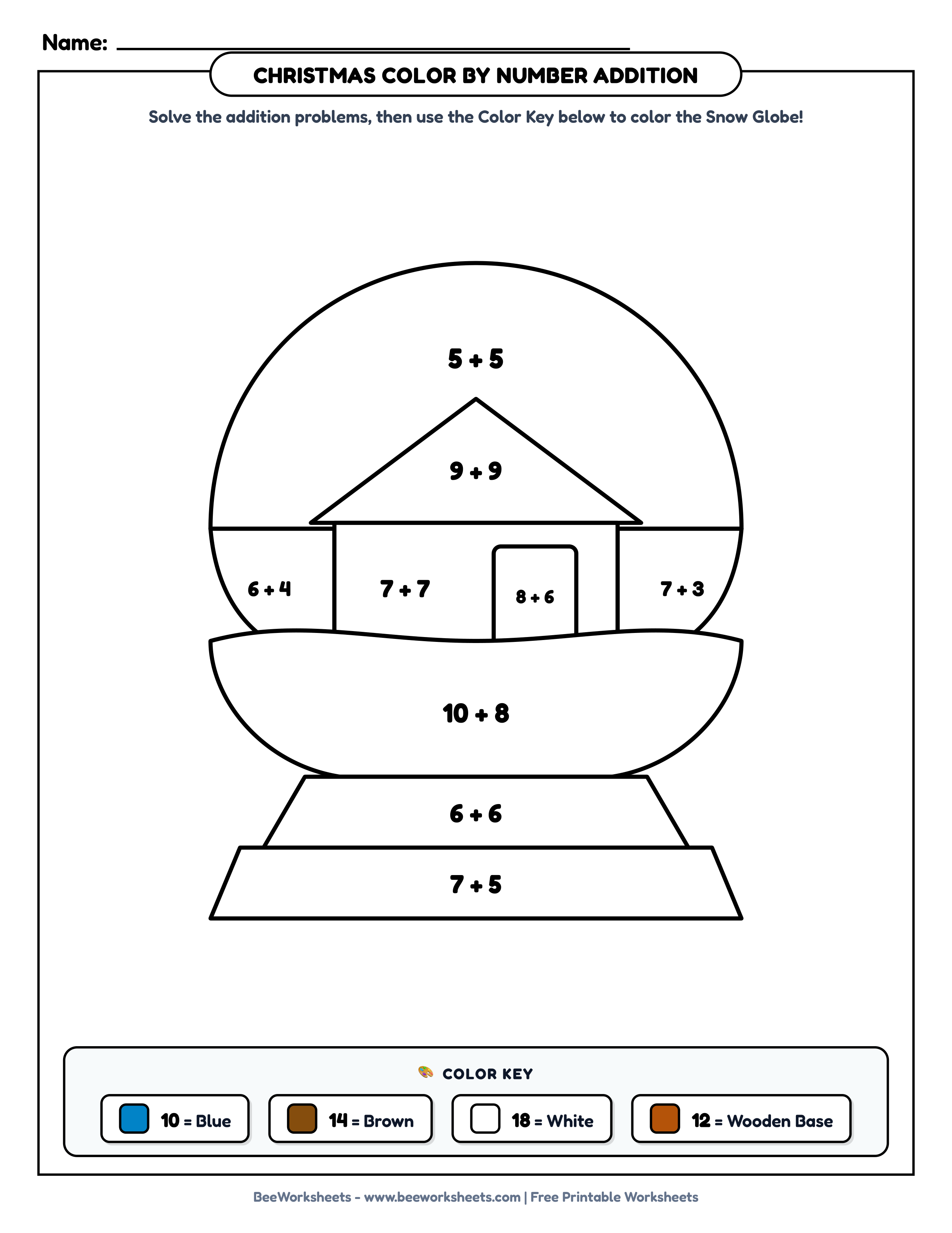 Free Printable Christmas Color by Number Addition Worksheet: Magical Snow Globe with Cabin PDF - Grade 1–3 & Elementary Math Math & Addition Practice Worksheet (holiday math coloring pages)