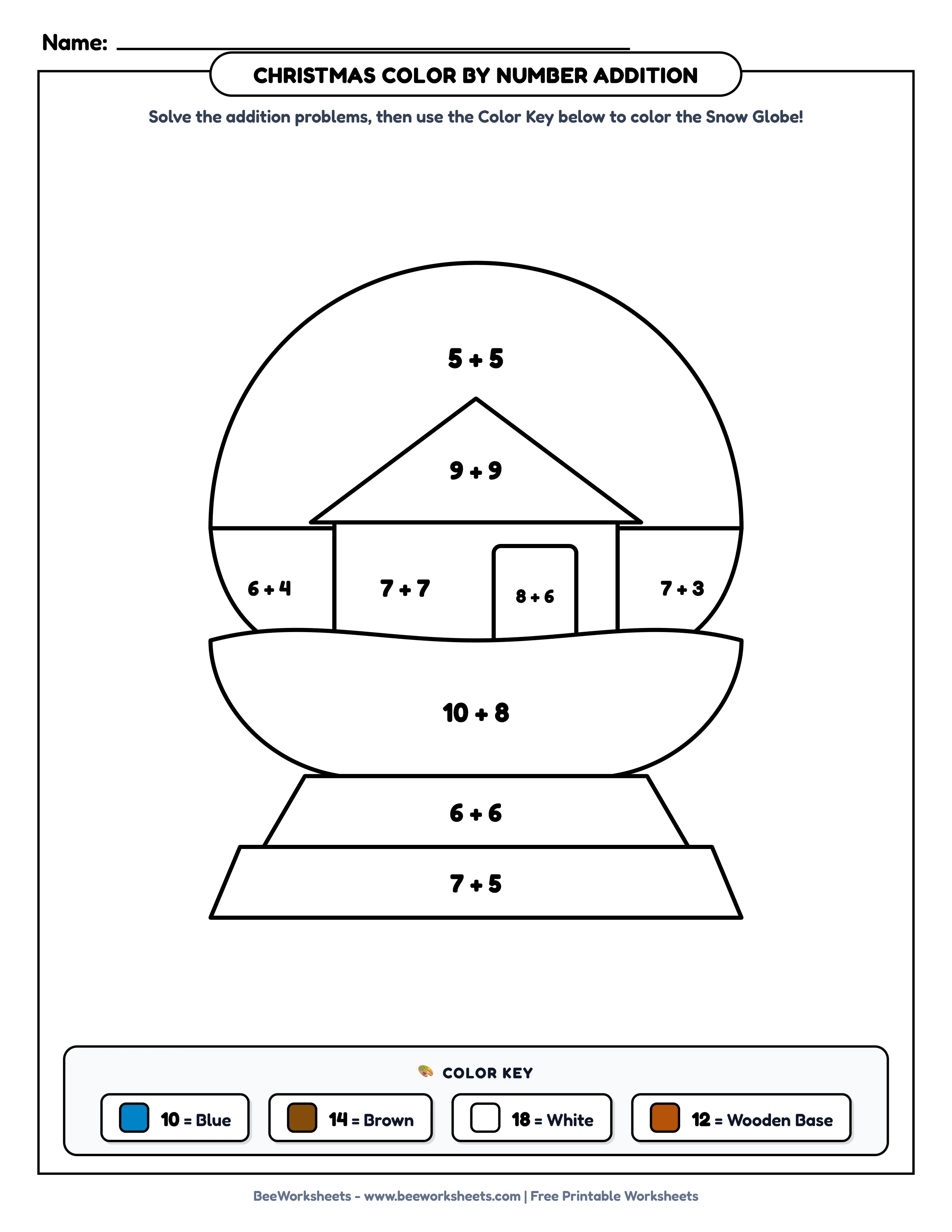 Teacher Solution Key & Mark Scheme for Christmas Color by Number Addition Worksheet: Magical Snow Globe with Cabin Printable PDF - Grade 1–3 & Elementary Math Verified Answers