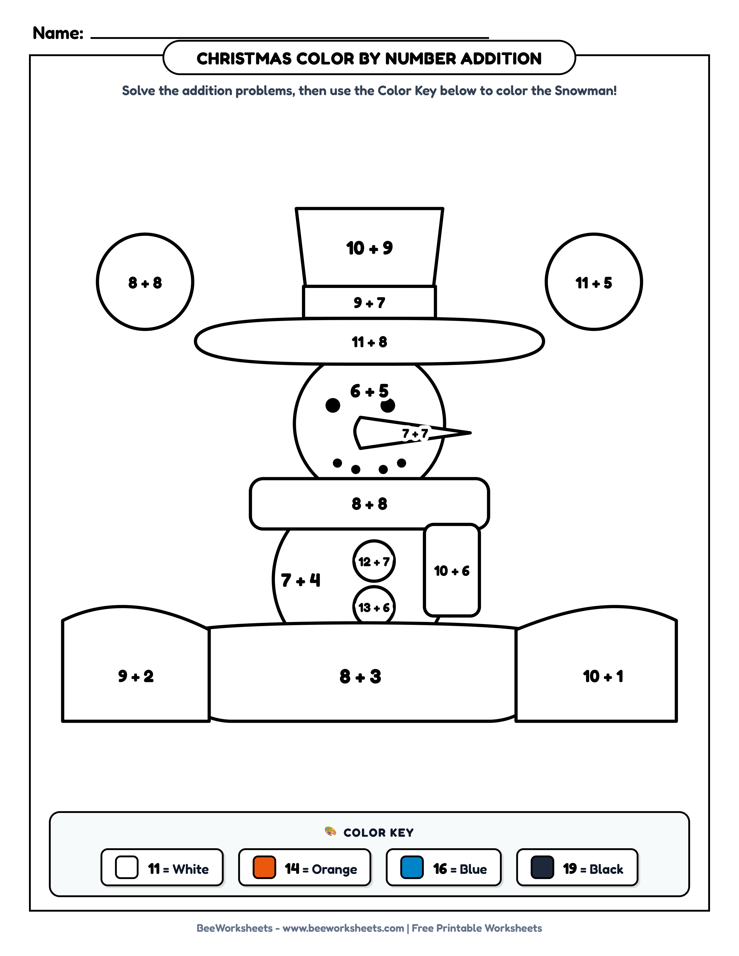 Free Printable Christmas Color by Number Addition Worksheet: Winter Snowman with Scarf PDF - Grade 1–3 & Elementary Math Math & Addition Practice Worksheet (holiday math coloring pages)
