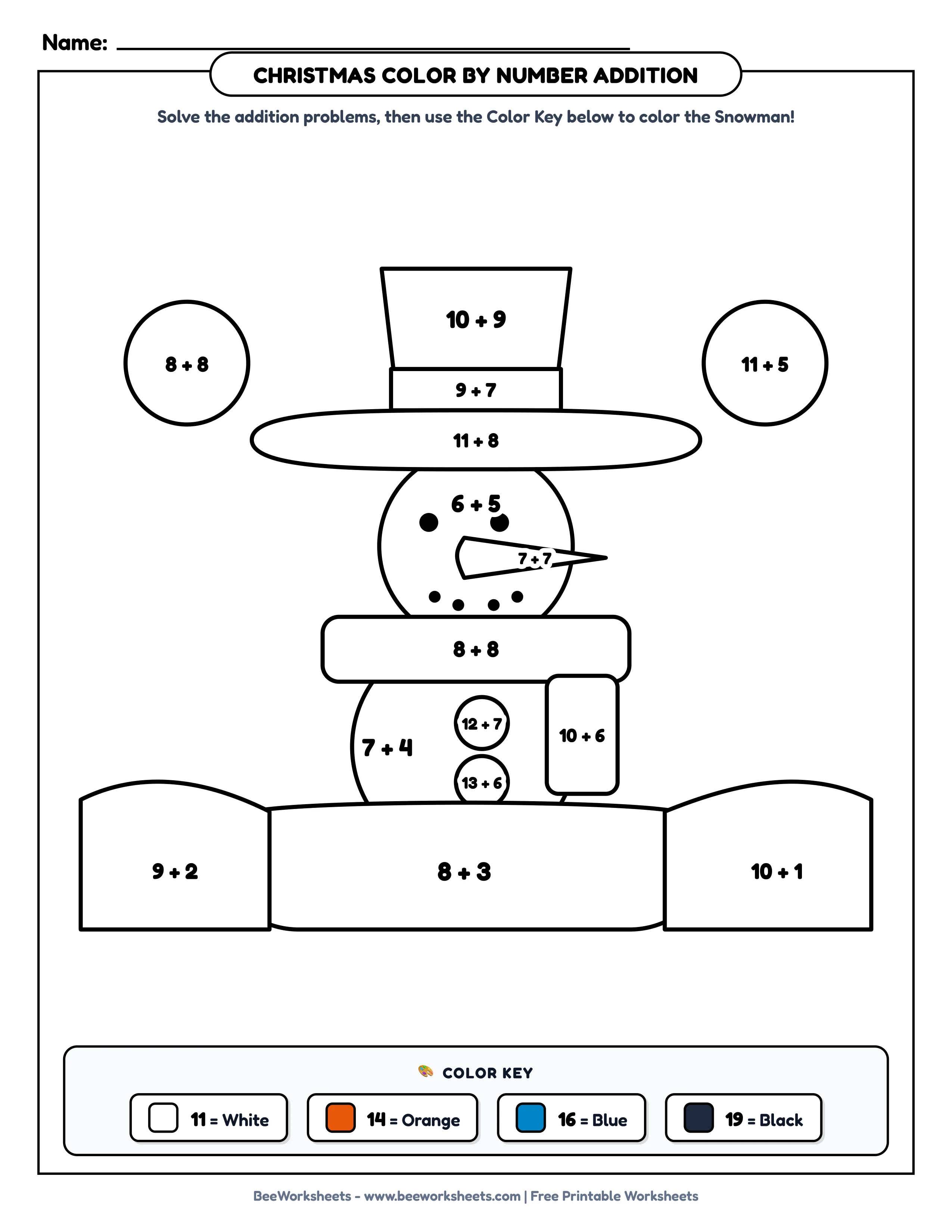 Teacher Solution Key & Mark Scheme for Christmas Color by Number Addition Worksheet: Winter Snowman with Scarf Printable PDF - Grade 1–3 & Elementary Math Verified Answers