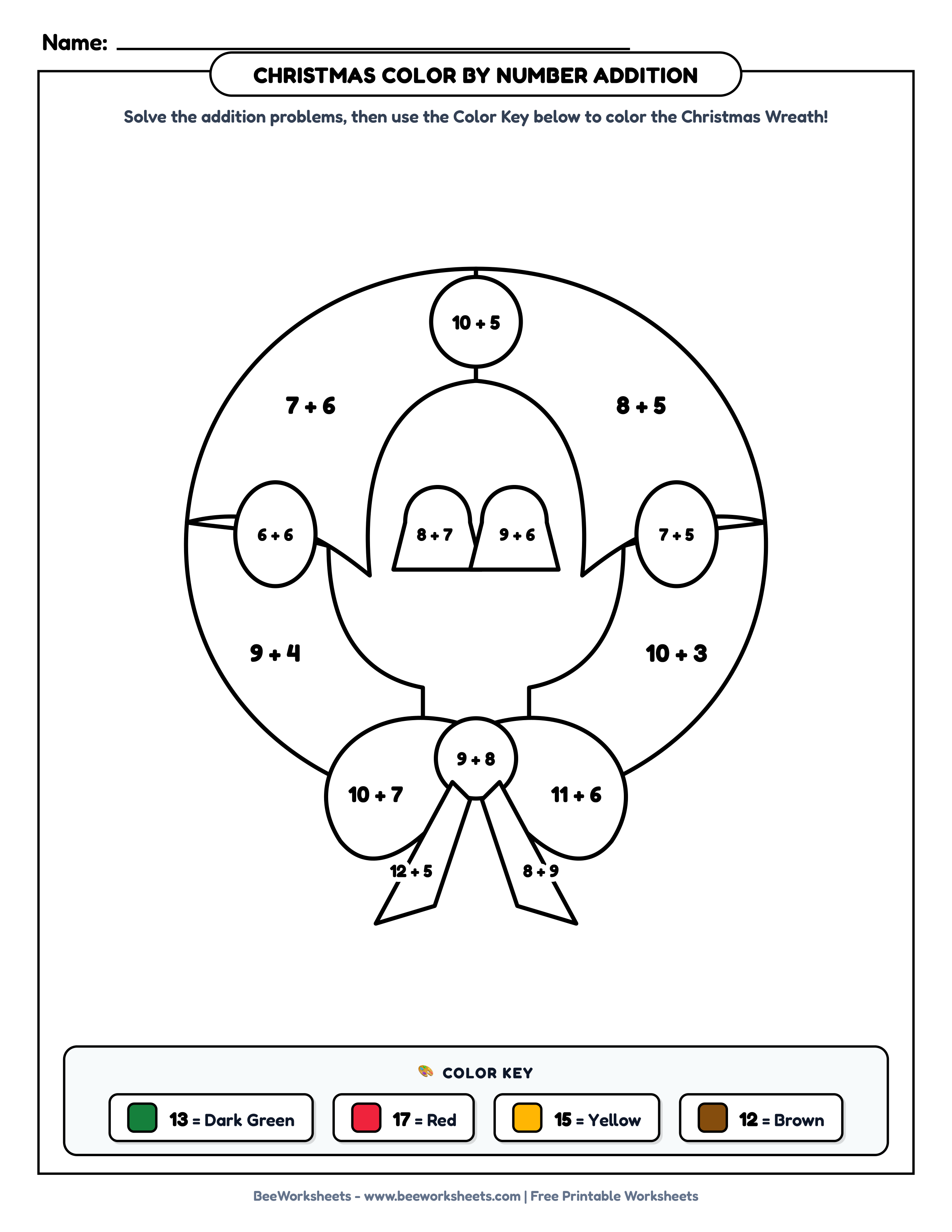 Free Printable Christmas Color by Number Addition Worksheet: Christmas Wreath with Ribbon PDF - Grade 1–3 & Elementary Math Math & Addition Practice Worksheet (holiday math coloring pages)