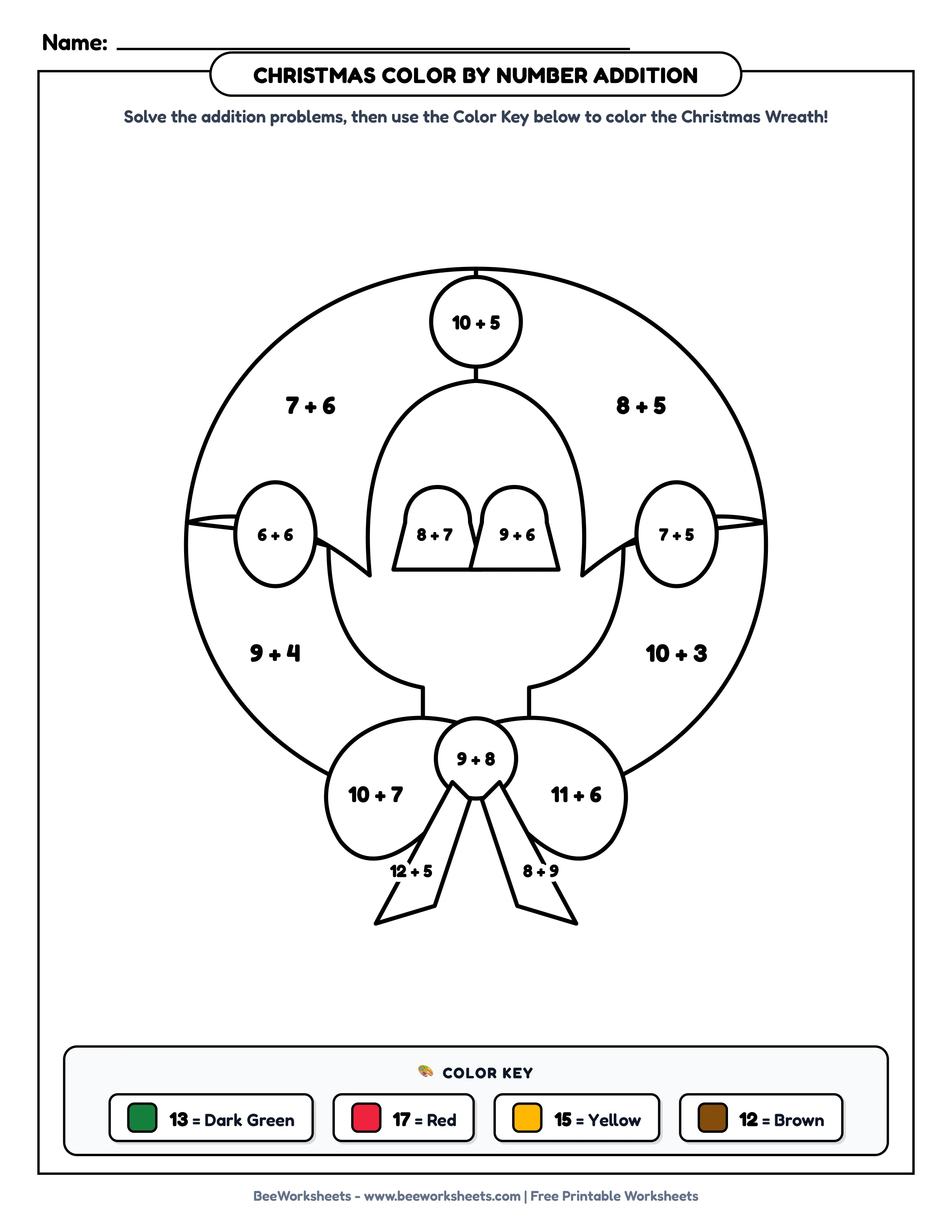 Teacher Solution Key & Mark Scheme for Christmas Color by Number Addition Worksheet: Christmas Wreath with Ribbon Printable PDF - Grade 1–3 & Elementary Math Verified Answers