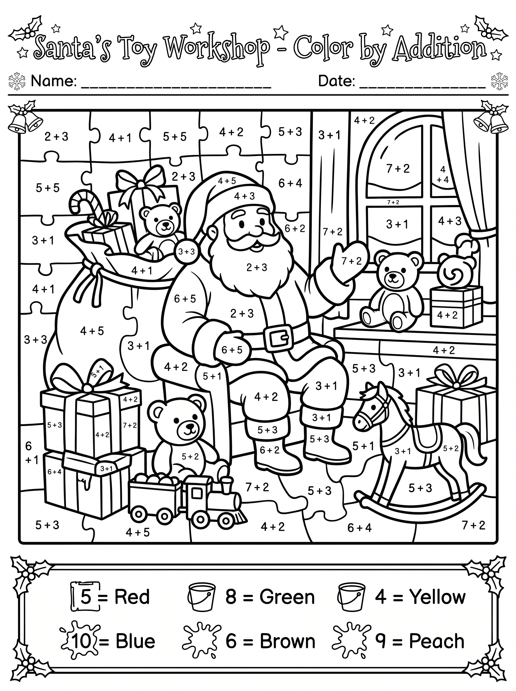 Free Printable Christmas Color by Number Addition: Santa's Toy Workshop PDF Worksheet Preview - Grade 1–3 & Elementary Math Math & Addition Student Handout