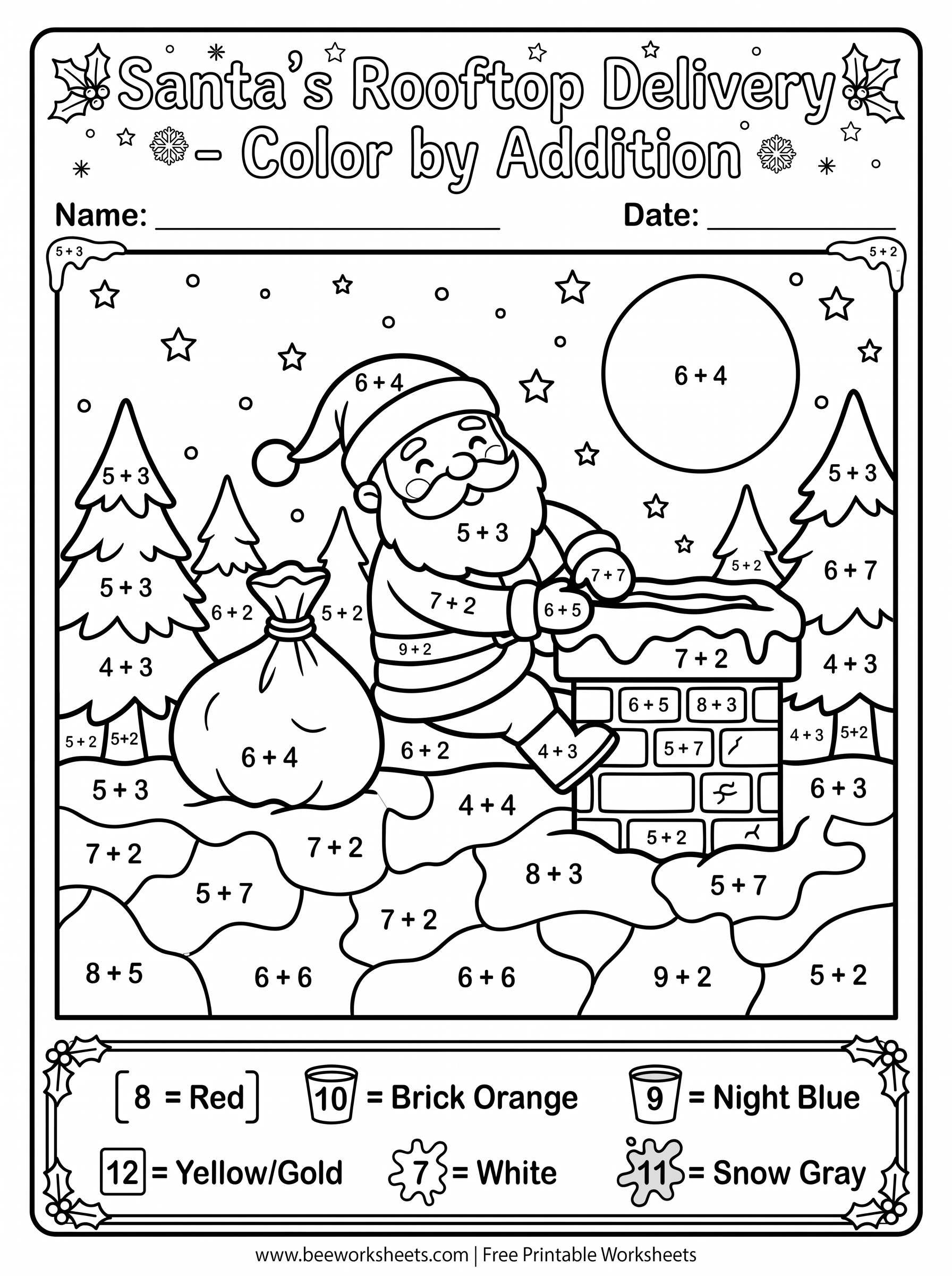Free Printable Christmas Color by Number Addition: Santa's Rooftop Delivery PDF - Grade 1–3 & Elementary Math Math & Addition Practice Worksheet (holiday math coloring pages)