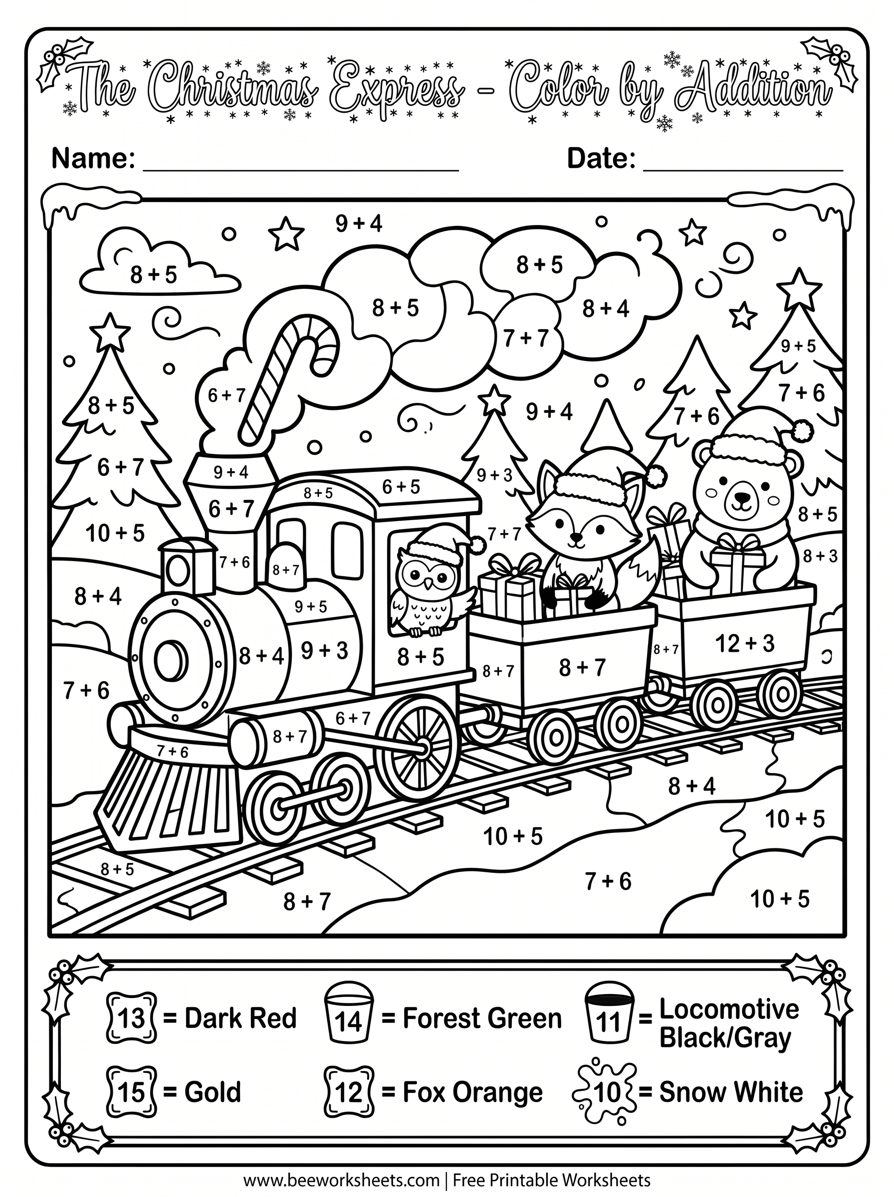 Free Printable Christmas Color by Number Addition: The Christmas Express PDF Worksheet Preview - Grade 1–3 & Elementary Math Math & Addition Student Handout