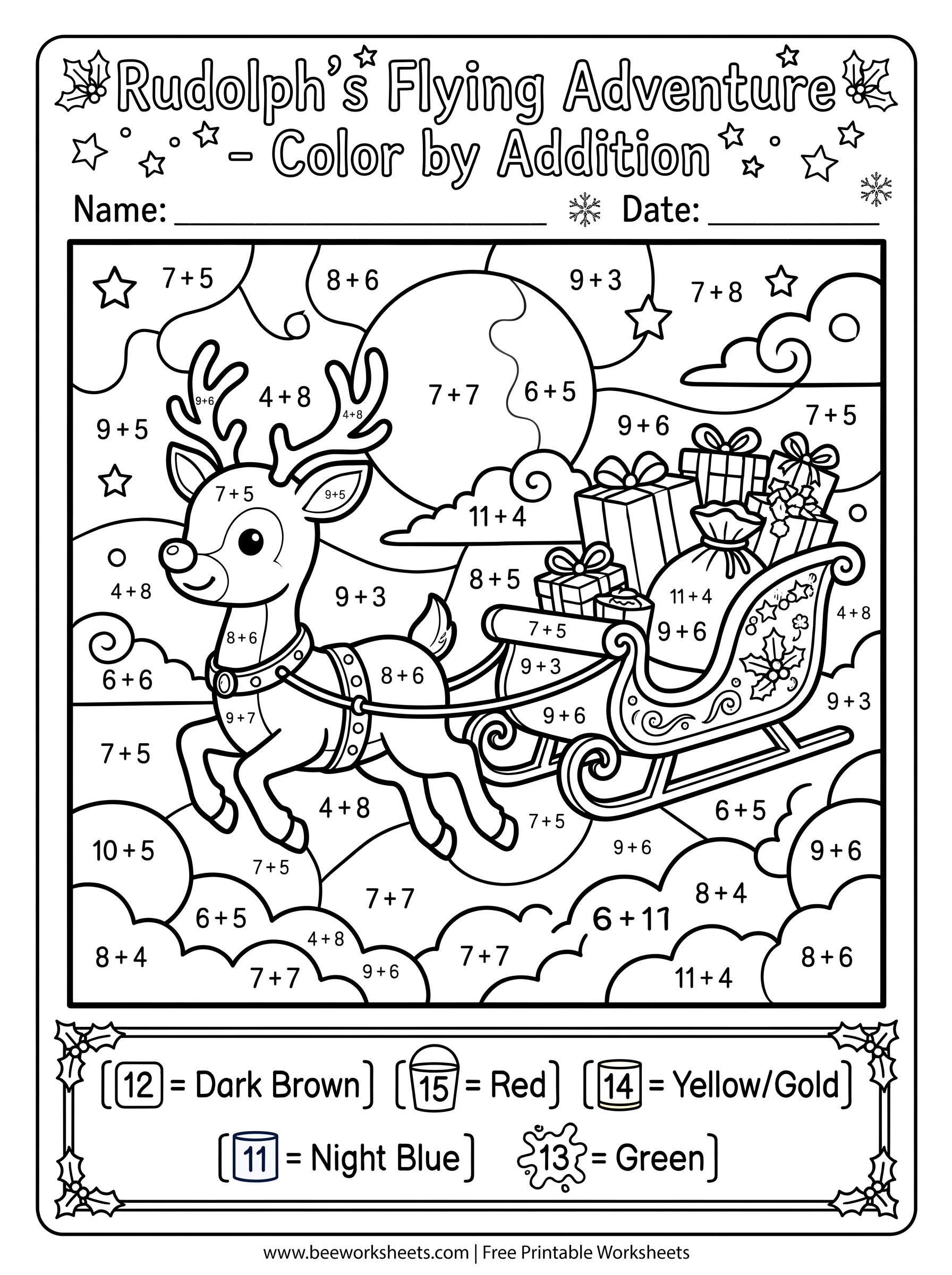 Free Printable Christmas Color by Number Addition: Rudolph's Flying Adventure PDF - Grade 1–3 & Elementary Math Math & Addition Practice Worksheet (holiday math coloring pages)