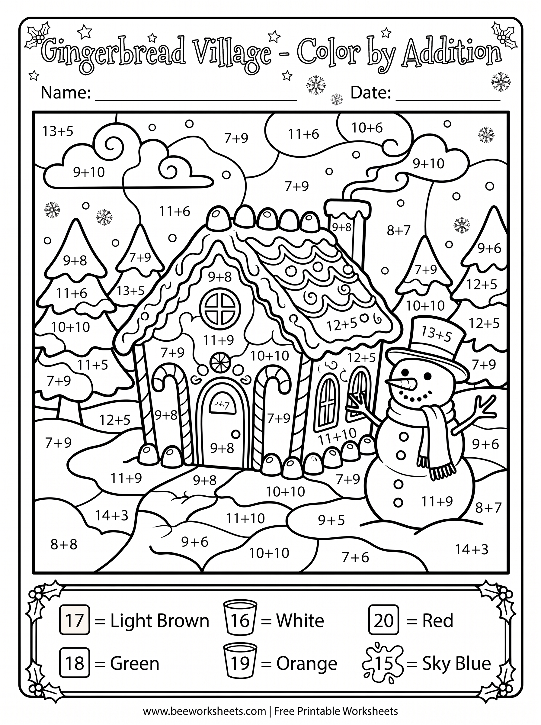 Free Printable Christmas Color by Number Addition: Gingerbread Village PDF - Grade 1–3 & Elementary Math Math & Addition Practice Worksheet (holiday math coloring pages)