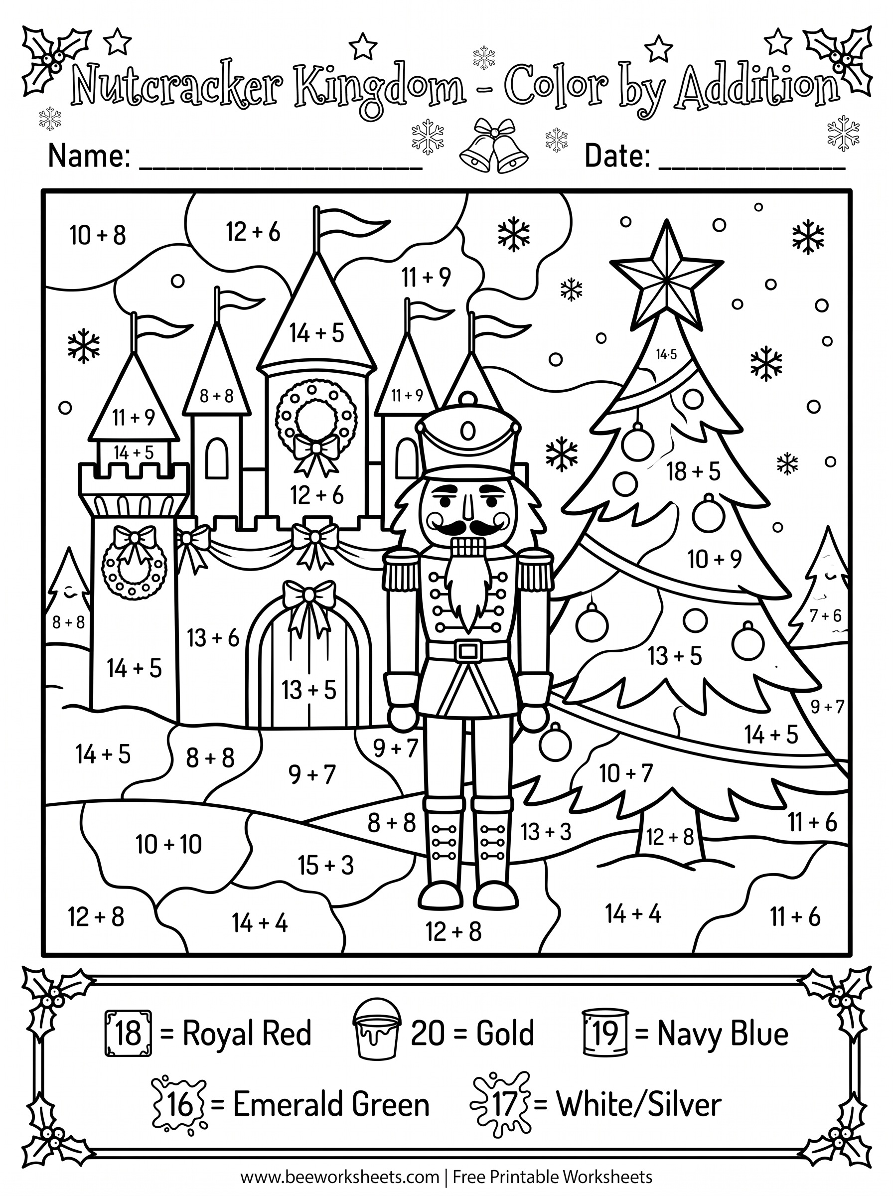Free Printable Christmas Color by Number Addition: Nutcracker Kingdom PDF Worksheet Preview - Grade 1–3 & Elementary Math Math & Addition Student Handout