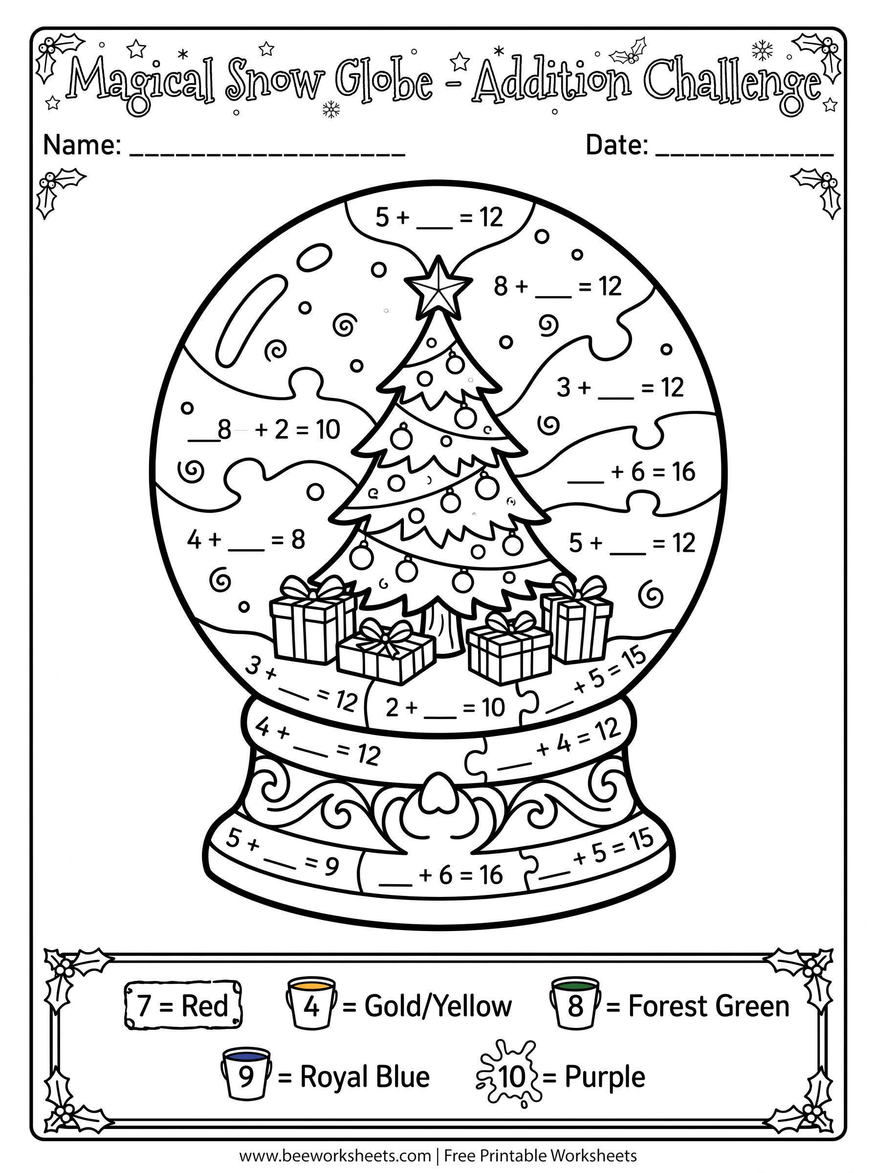 Free Printable Christmas Color by Number Addition: Magical Snow Globe PDF - Grade 1–3 & Elementary Math Math & Addition Practice Worksheet (holiday math coloring pages)