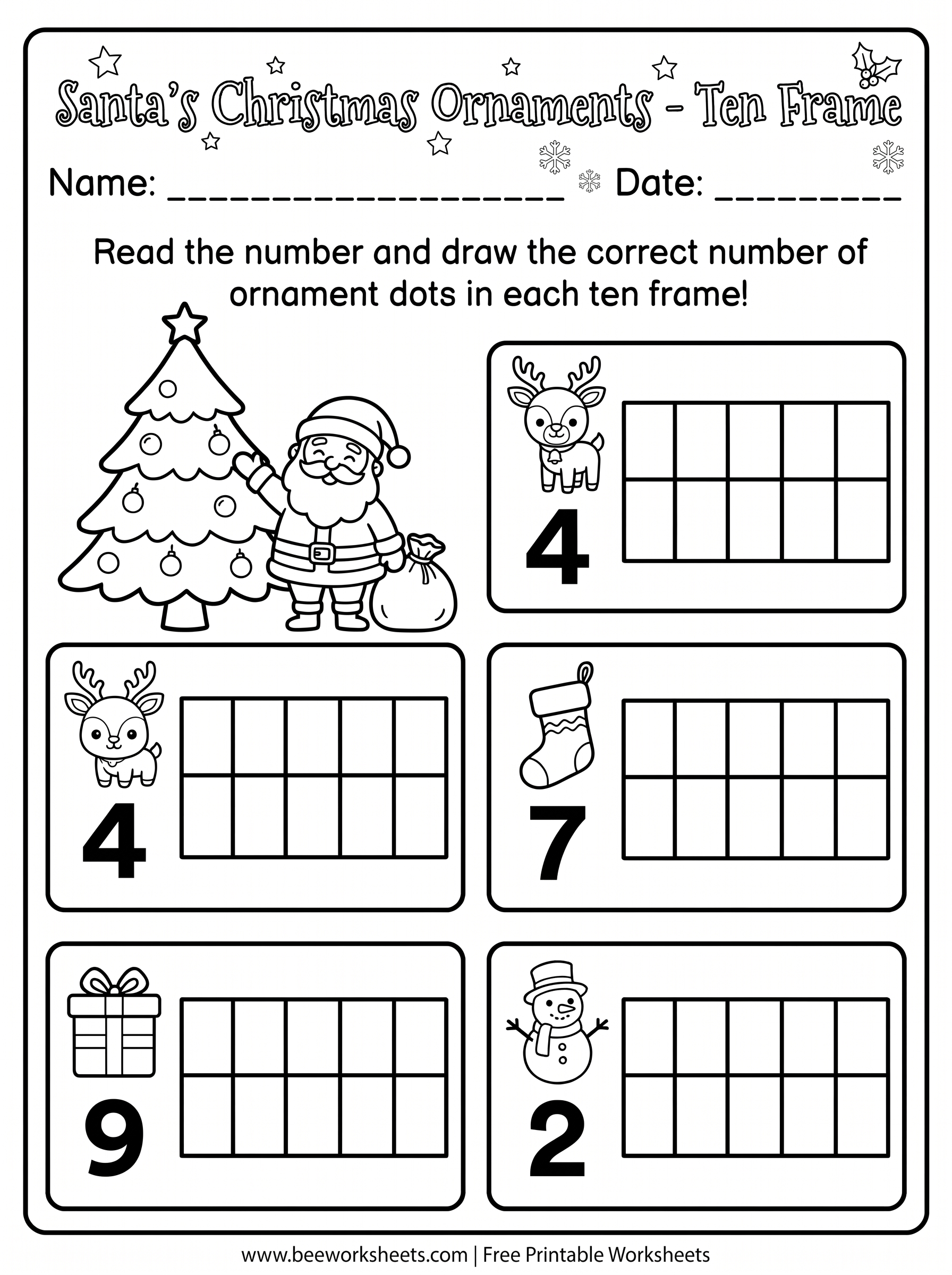 Free Printable Christmas Ten Frame: Santa's Ornaments Draw to Match PDF - Kindergarten Christmas Math & Ten Frames Practice Worksheet (christmas ten frames)