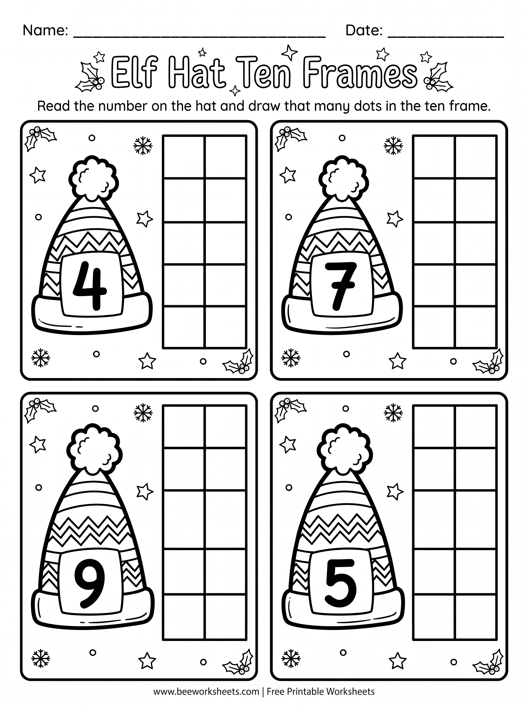 Free Printable Christmas Ten Frame: Elf Hat Dot Representation PDF - Kindergarten Christmas Math & Ten Frames Practice Worksheet (christmas ten frames)